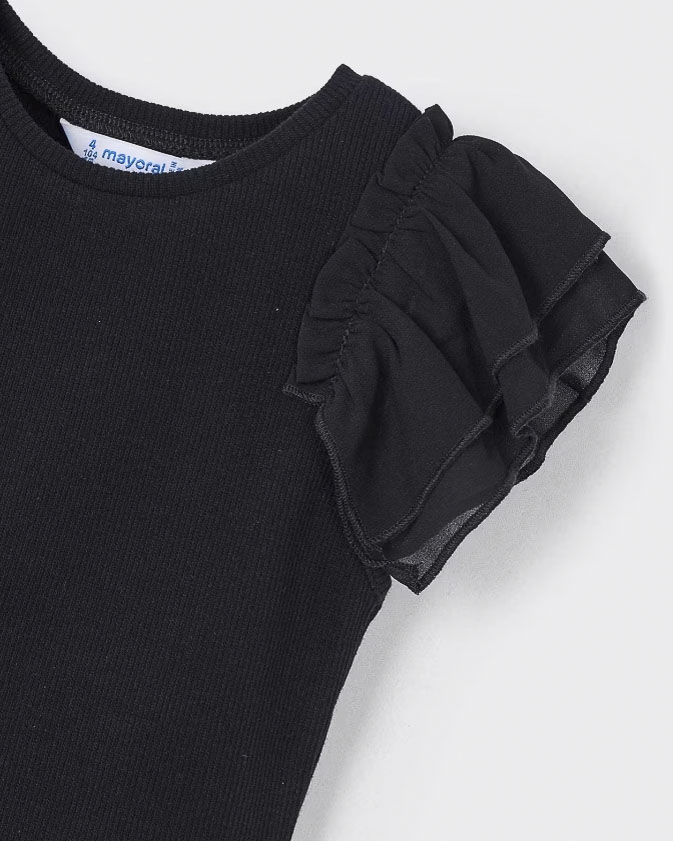 T-shirt nera Mayoral in cotone stretch a costine con maniche corte con rouches image