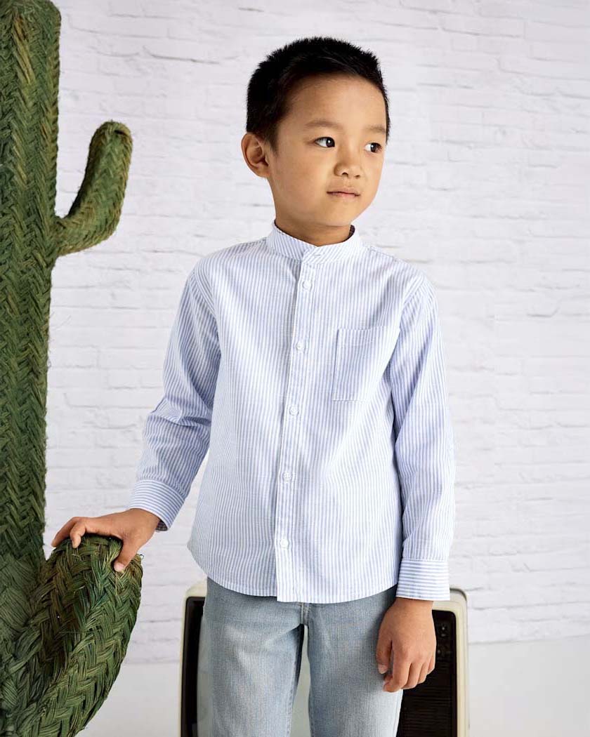 Camicia coreana a righe bianche e azzurre in puro cotone
