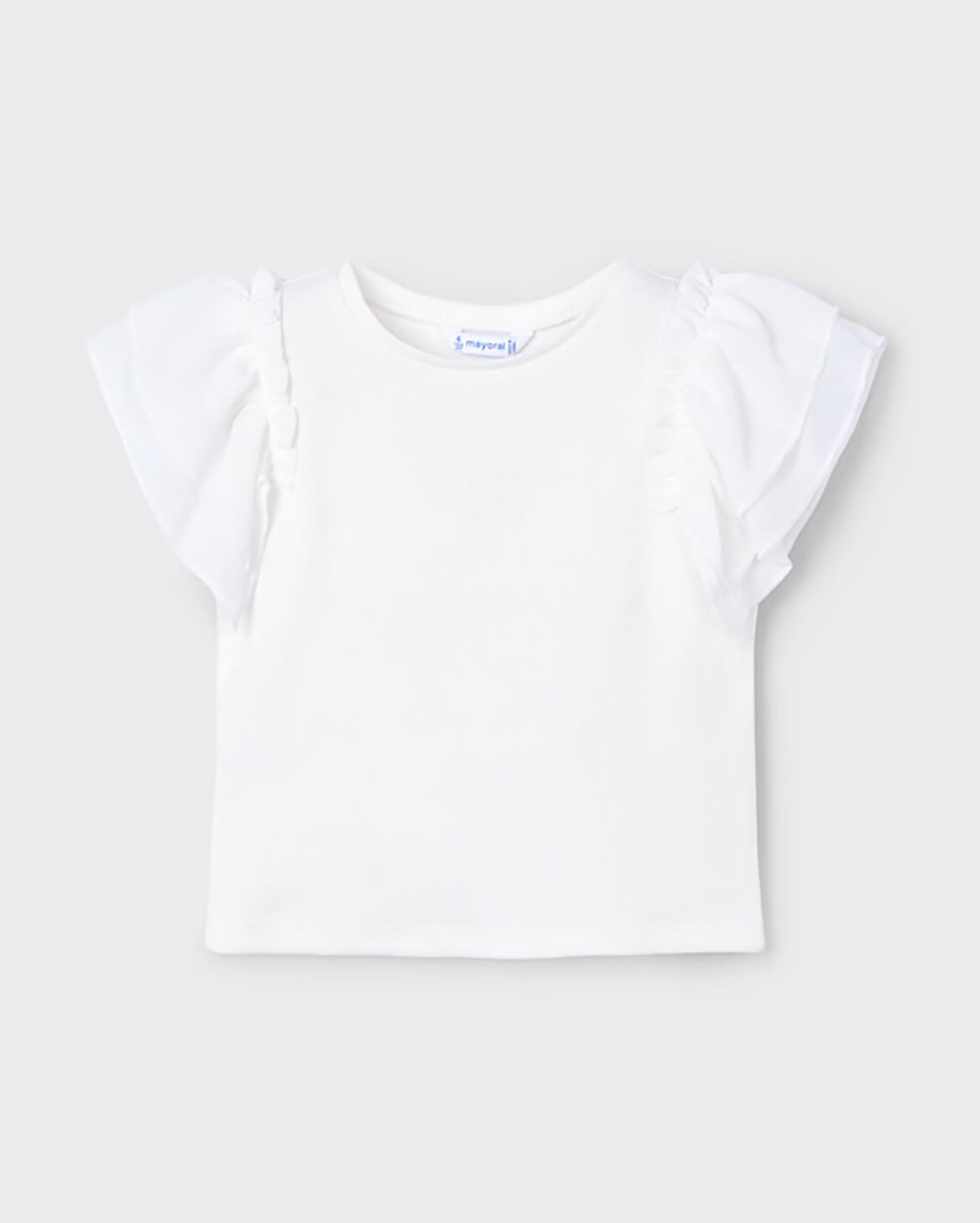 T-shirt avorio in cotone stretch a costine con maniche corte con rouches