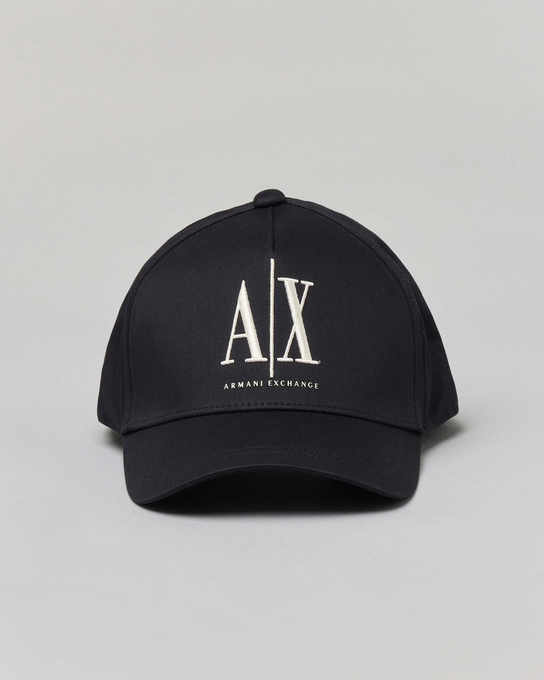 Berretto baseball Armani Exchange blu con frontino e logo AX