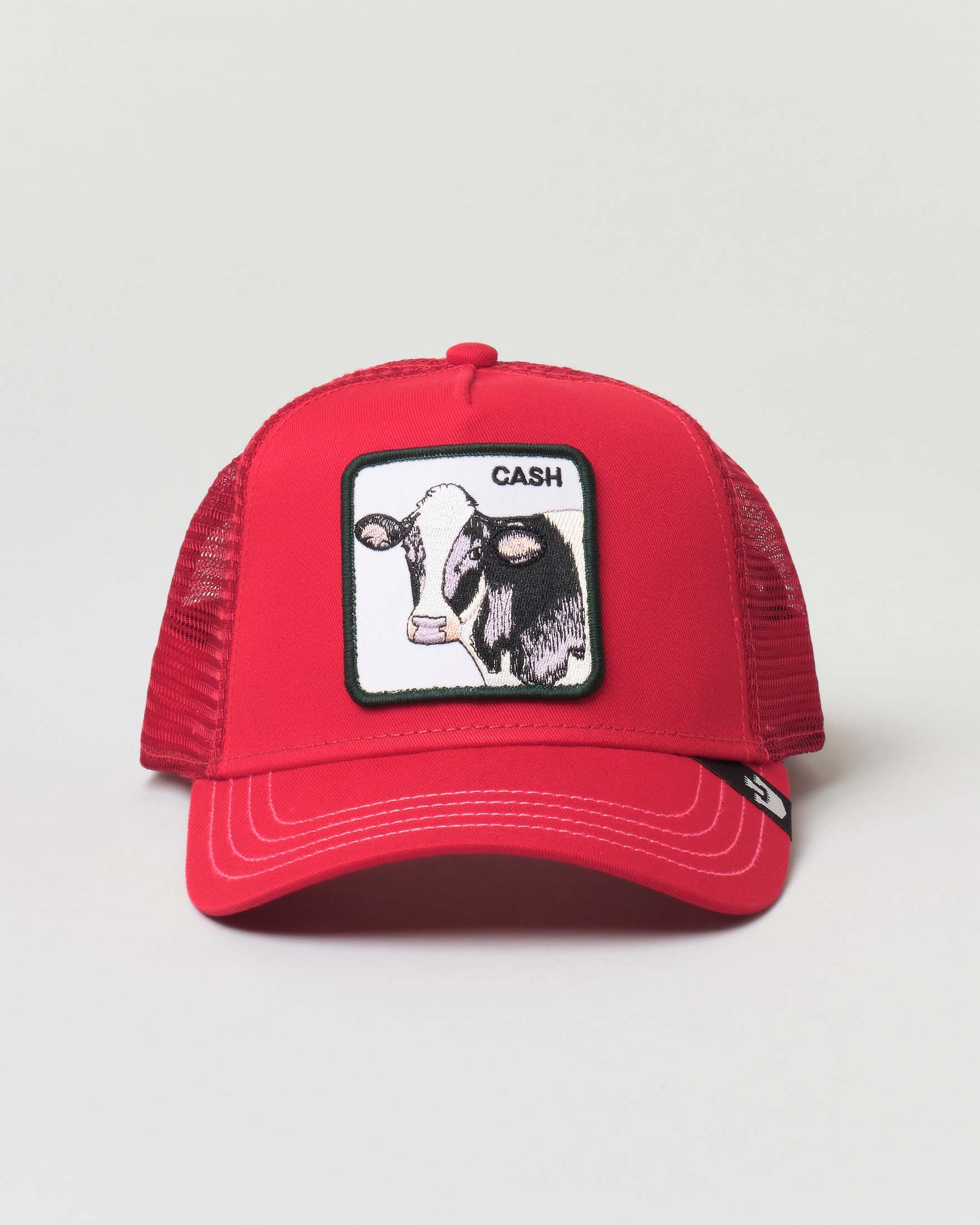 Berretto Cash Cow trucker rosso con frontino e patch mucca
