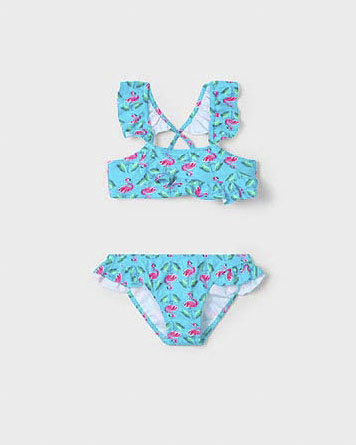 Bikini a fascia azzurro con fantasia fenicotteri in tessuto stretch