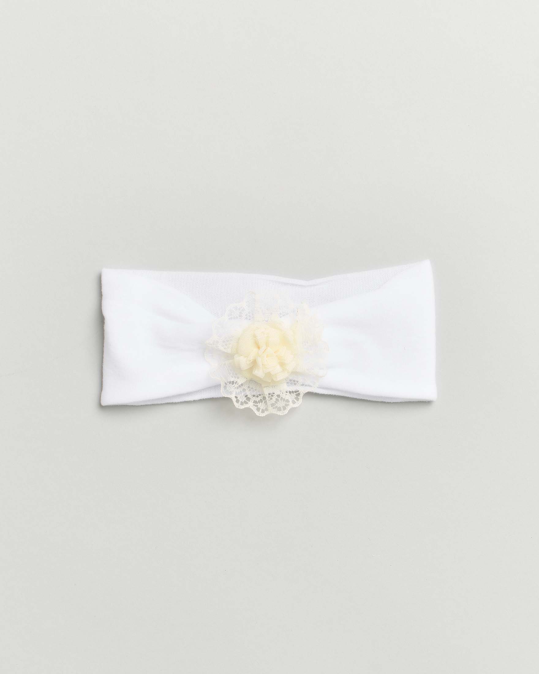 Fascia bianca da neonato con fiore in pizzo panna