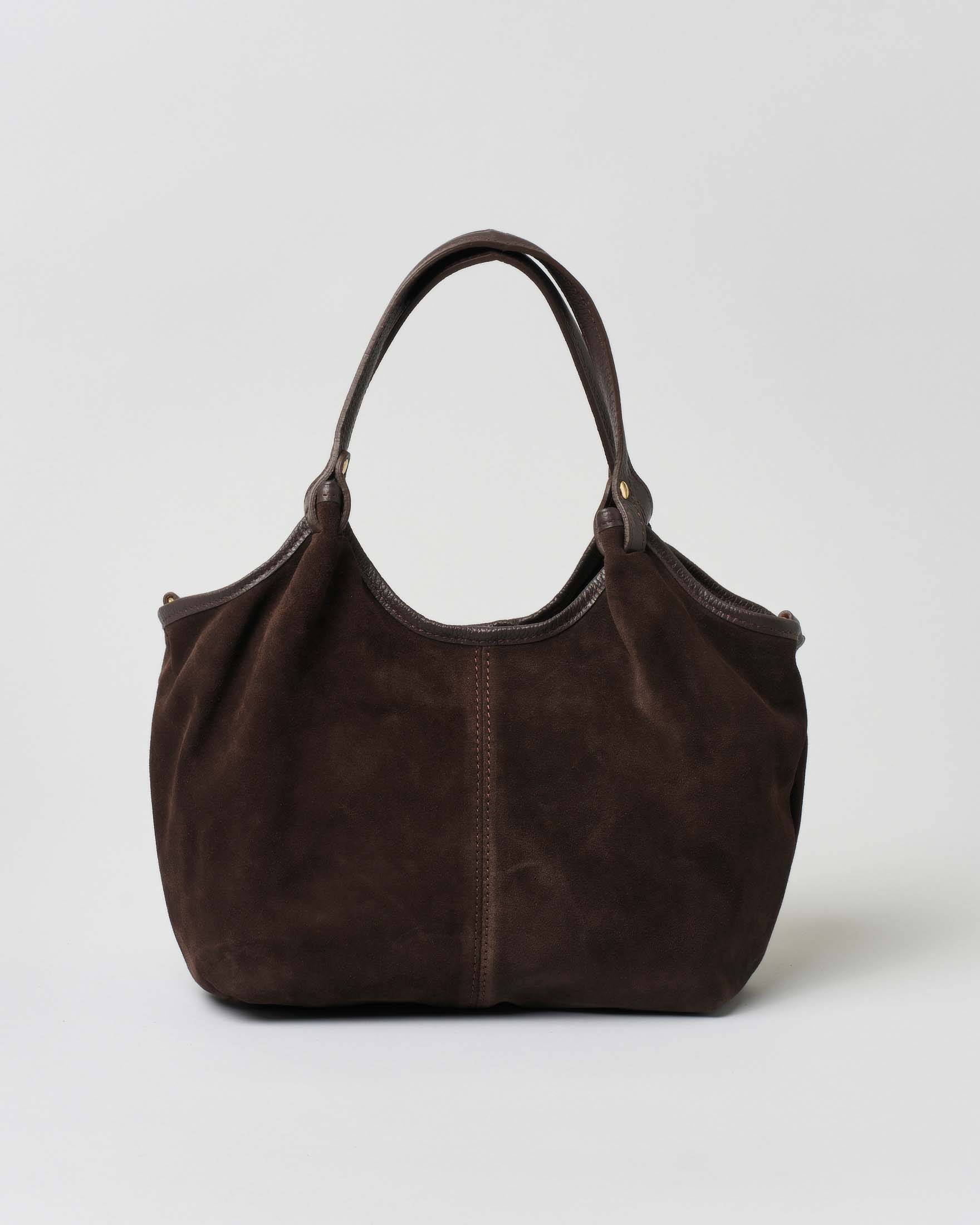 Borsa a spalla marrone in suede con cucitura frontale a vista