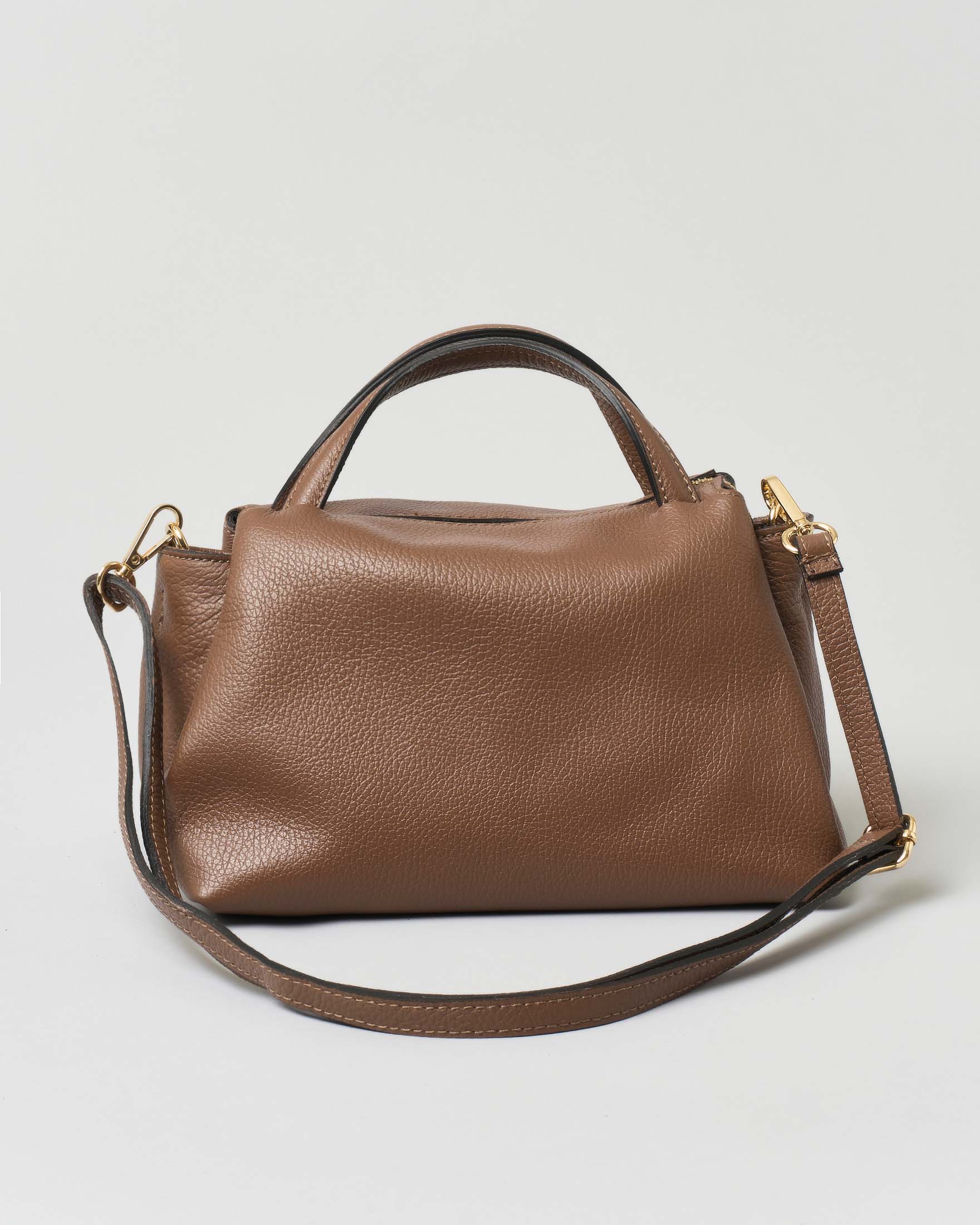 Borsa a mano piccola in pelle morbida effetto martellato marrone con tracolla più lunga rimovibile