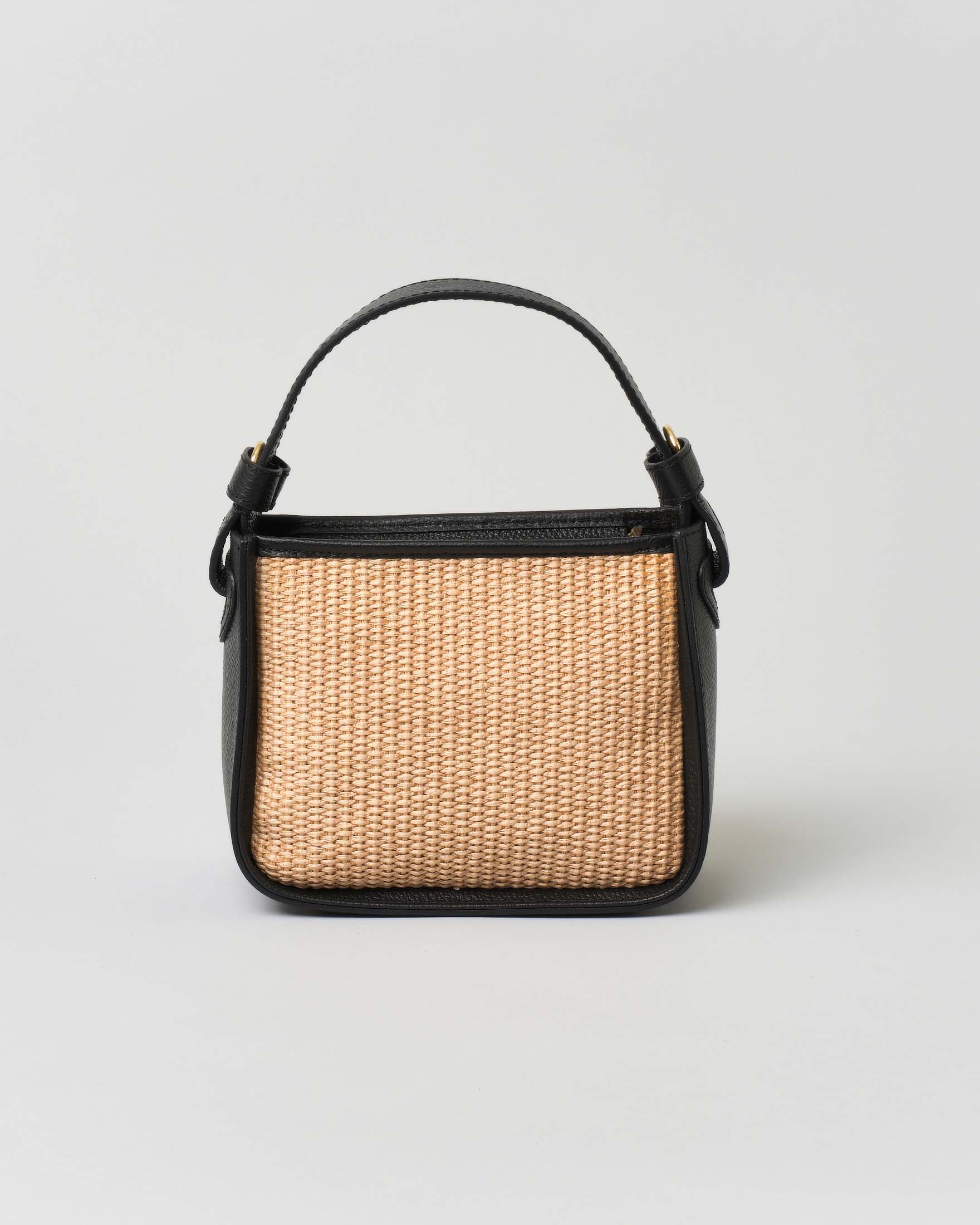 Borsa a mano piccola in raffia con profili e tracolla in pelle nera