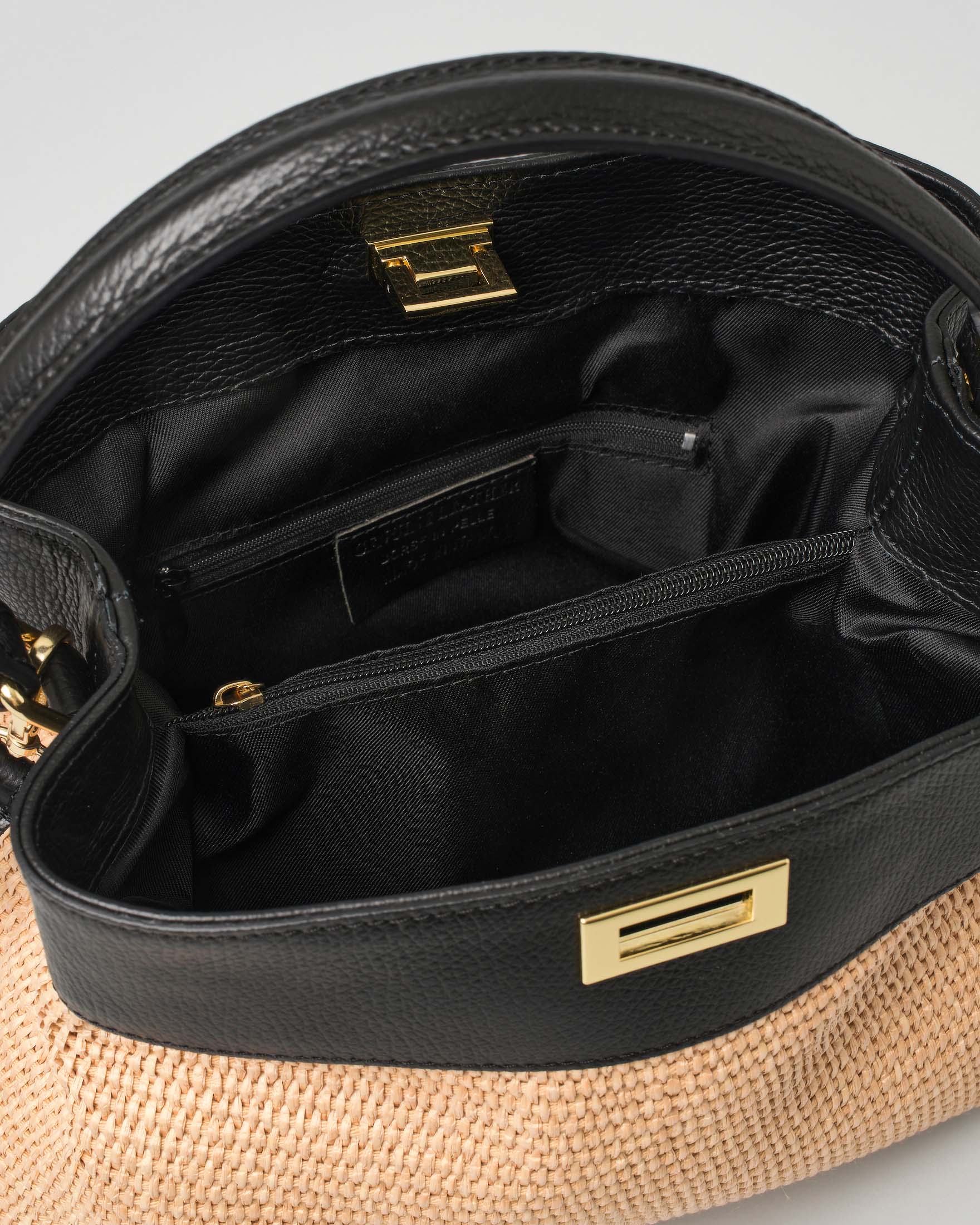 Secchiello in raffia con profilo e spallaccio in pelle nera image