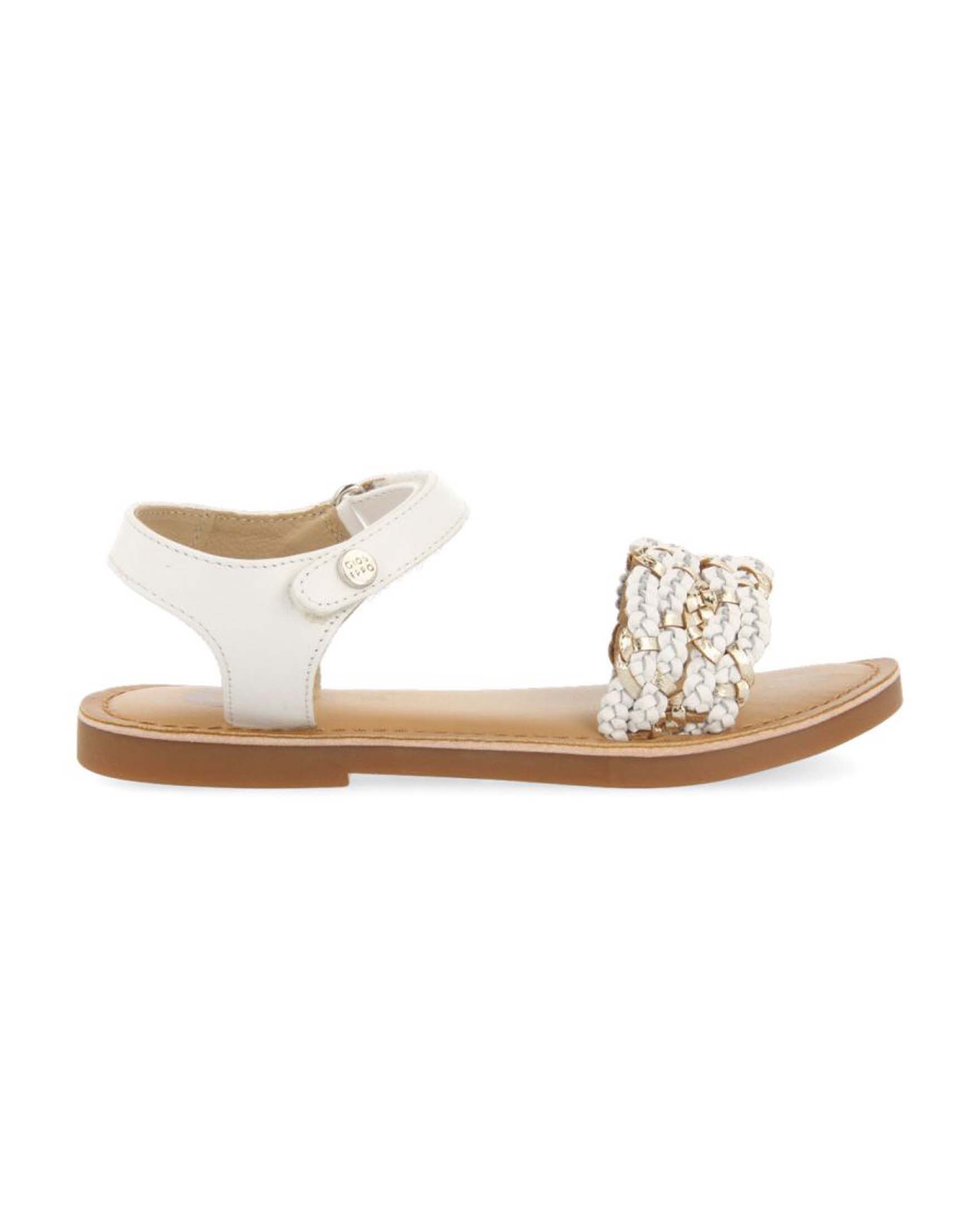 Sandalo bianco in pelle con intreccio bicolore