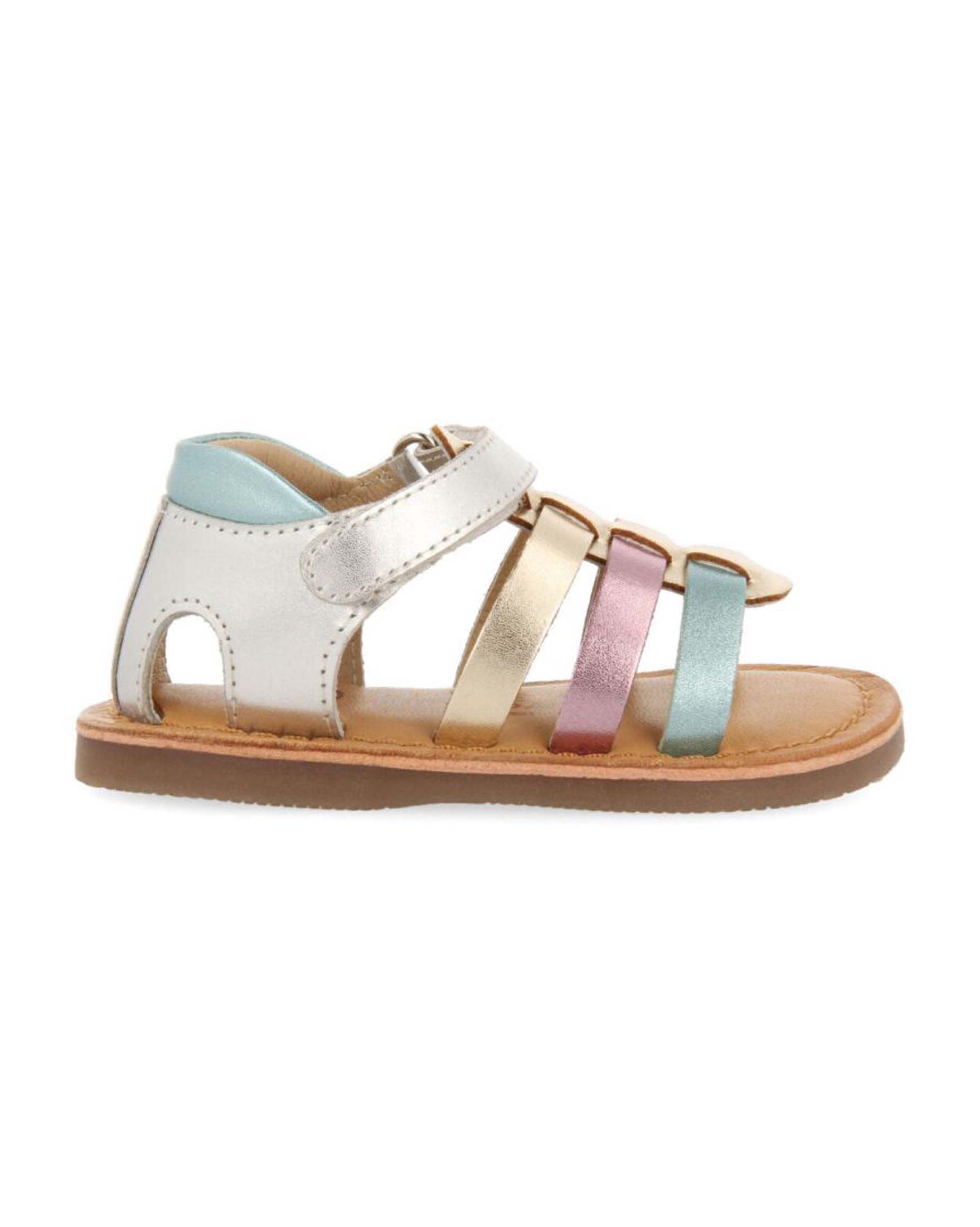 Sandalo in pelle laminata con fascette muticolor