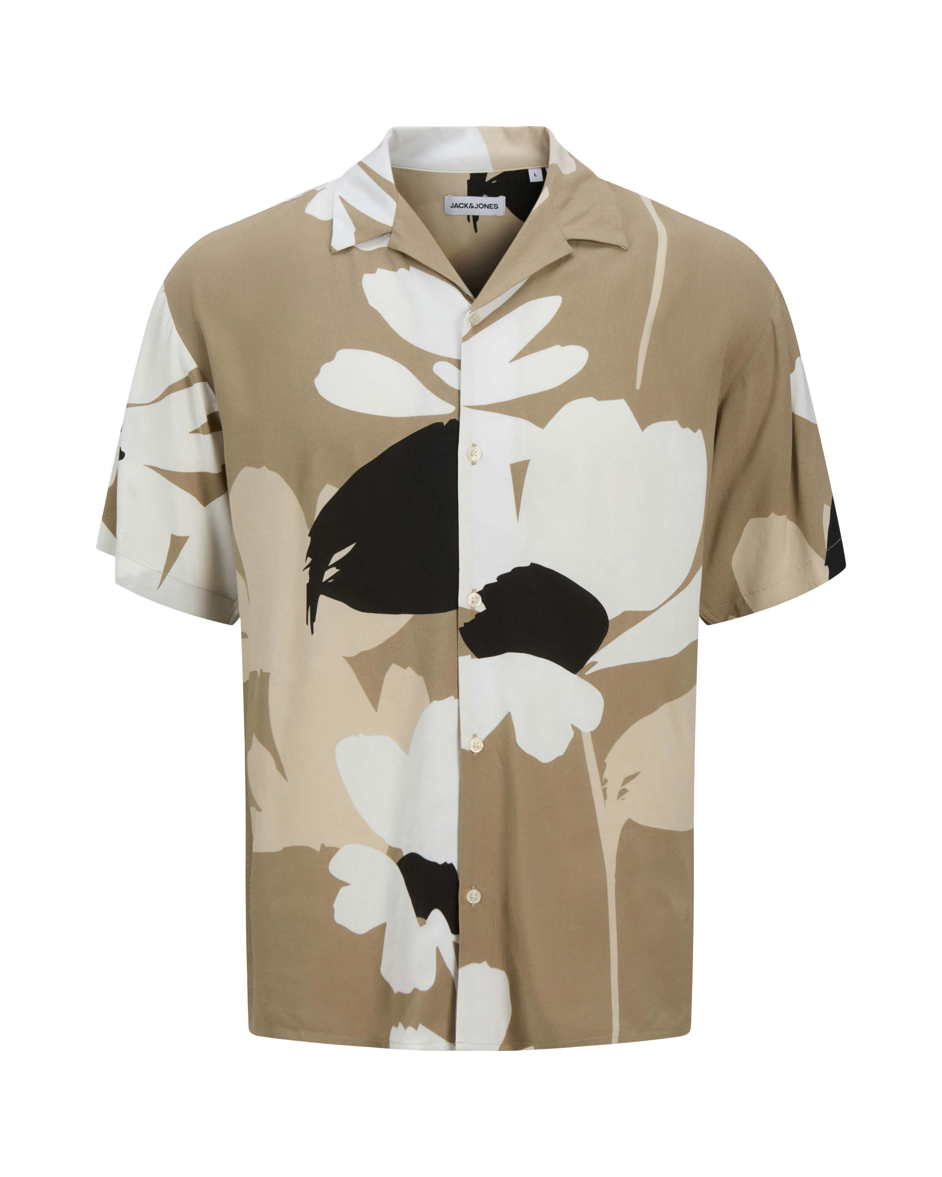 Camicia bowling a mezze maniche color cammello a fantasia floreale bianca e nera in viscosa