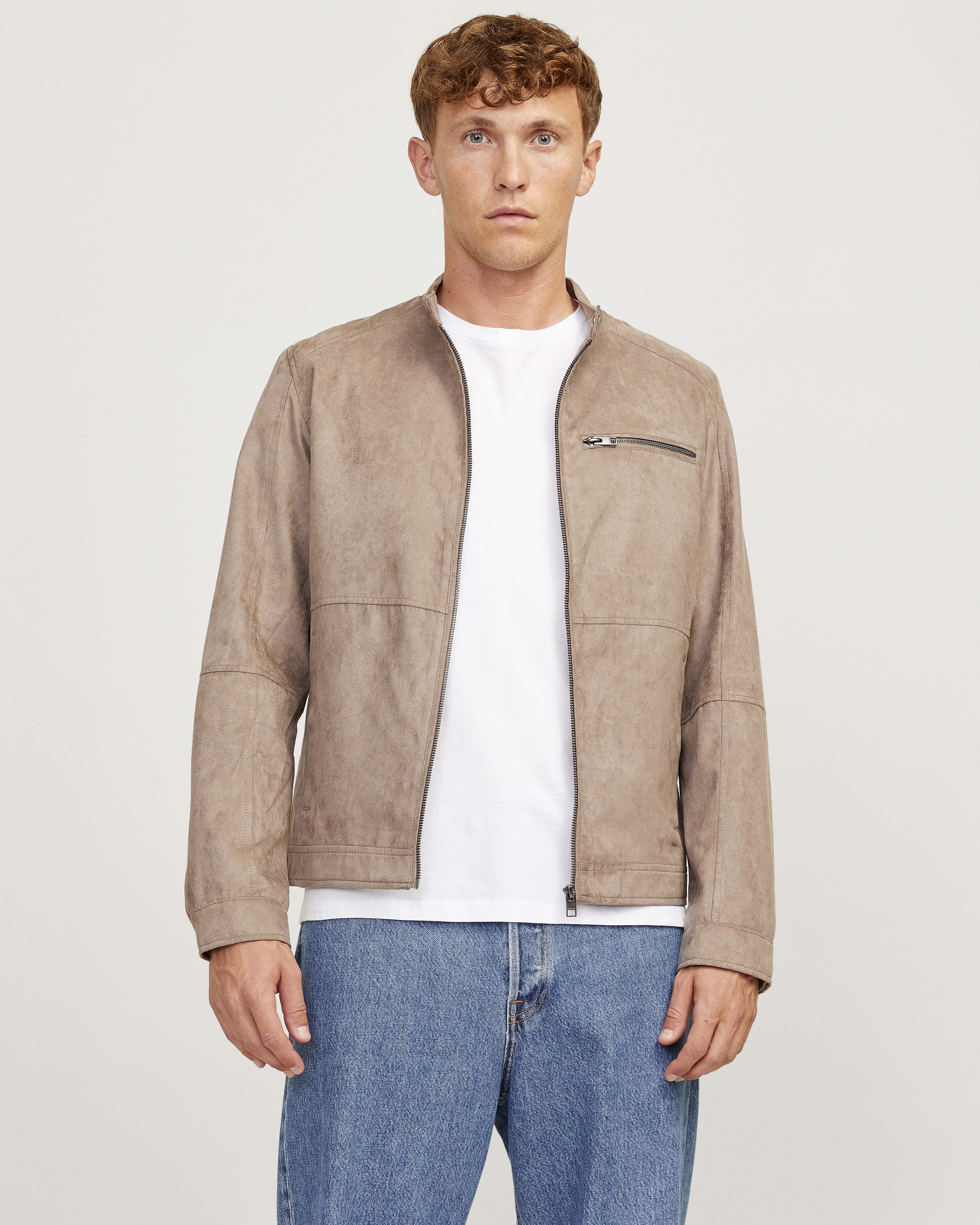 Giubbino biker color fango in similpelle con colletto alla coreana