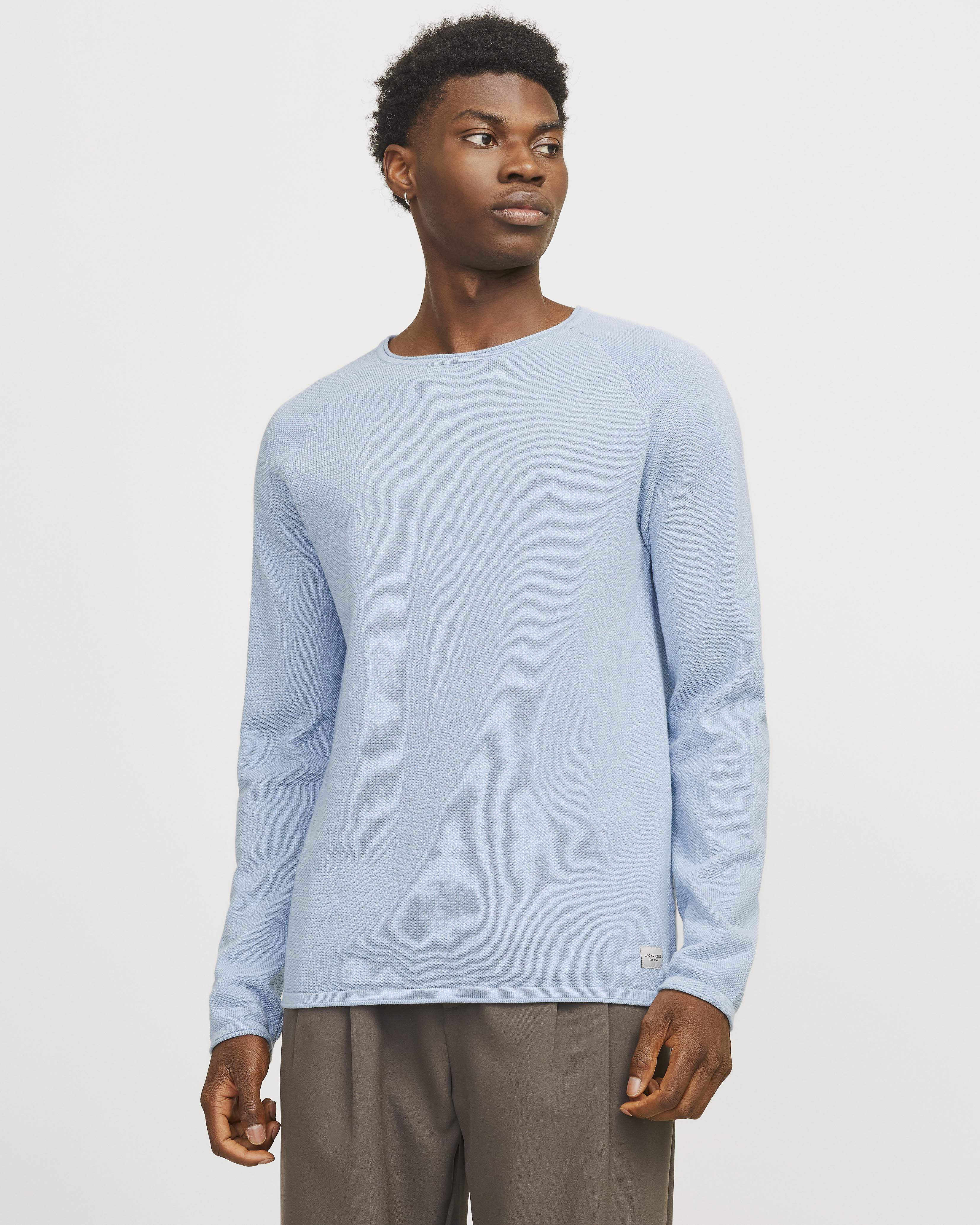 Maglia azzurra girocollo in puro cotone punto pepe con maniche raglan