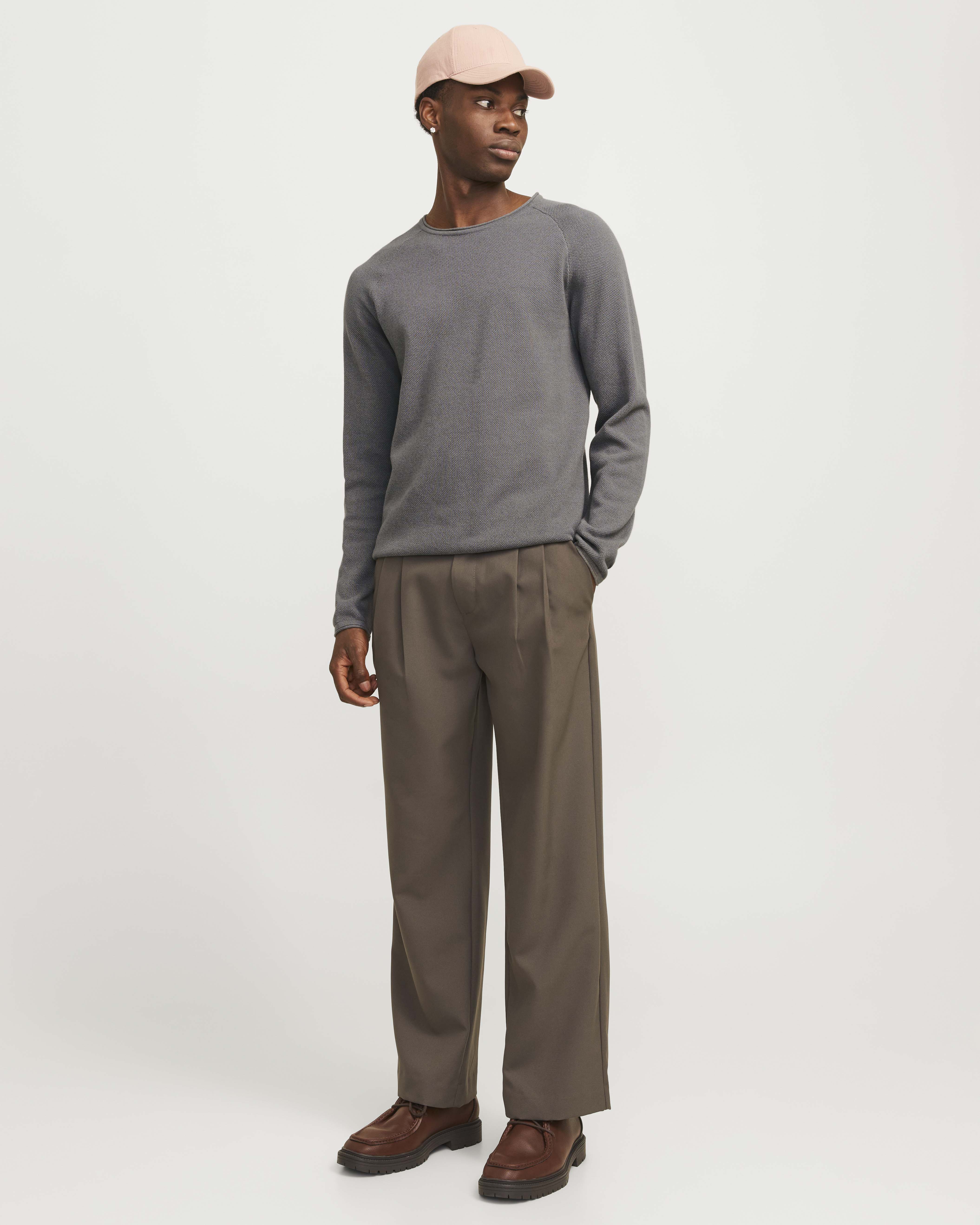 Maglia grigia girocollo in puro cotone punto pepe con maniche raglan