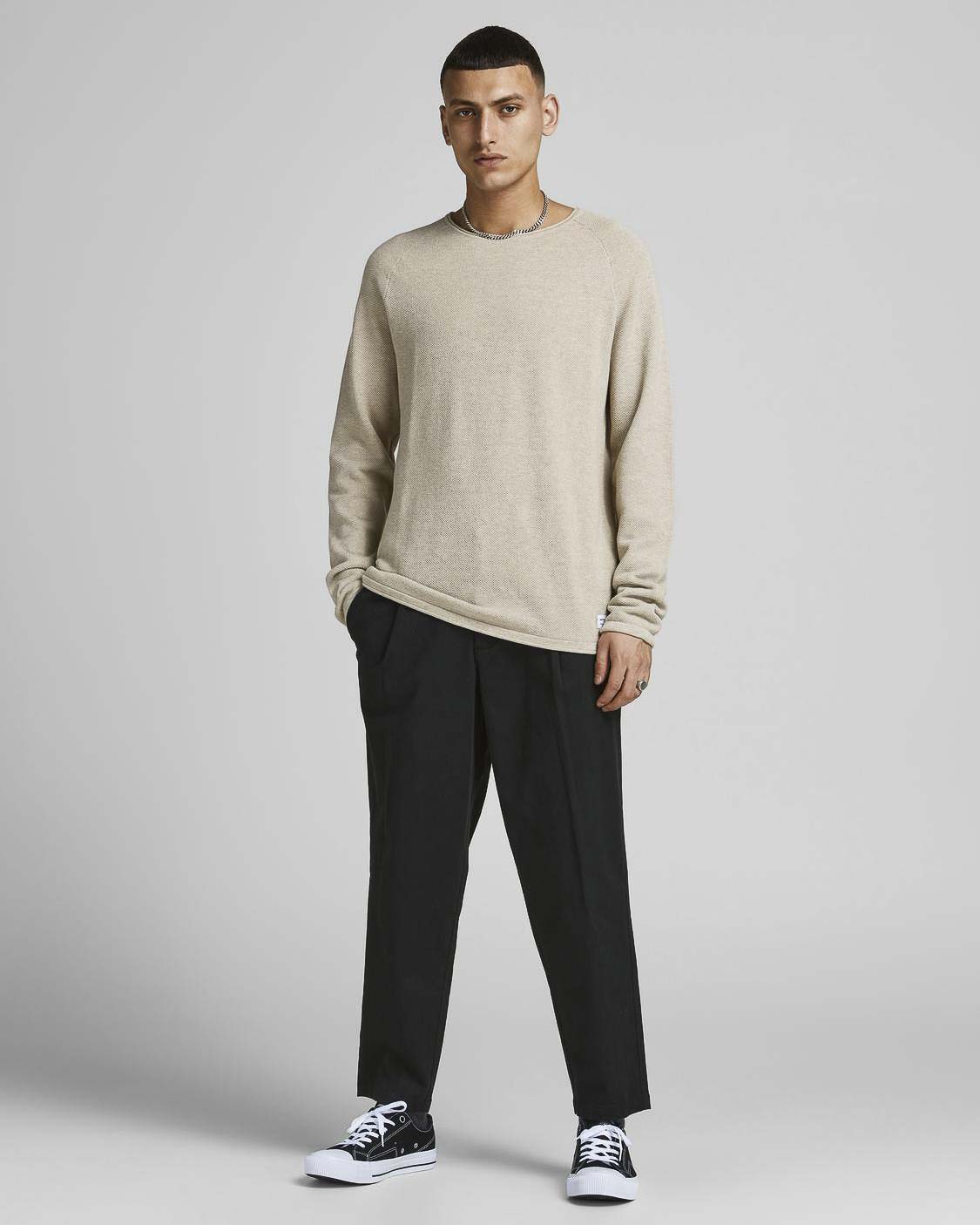 Maglia beige girocollo in puro cotone punto pepe con maniche raglan