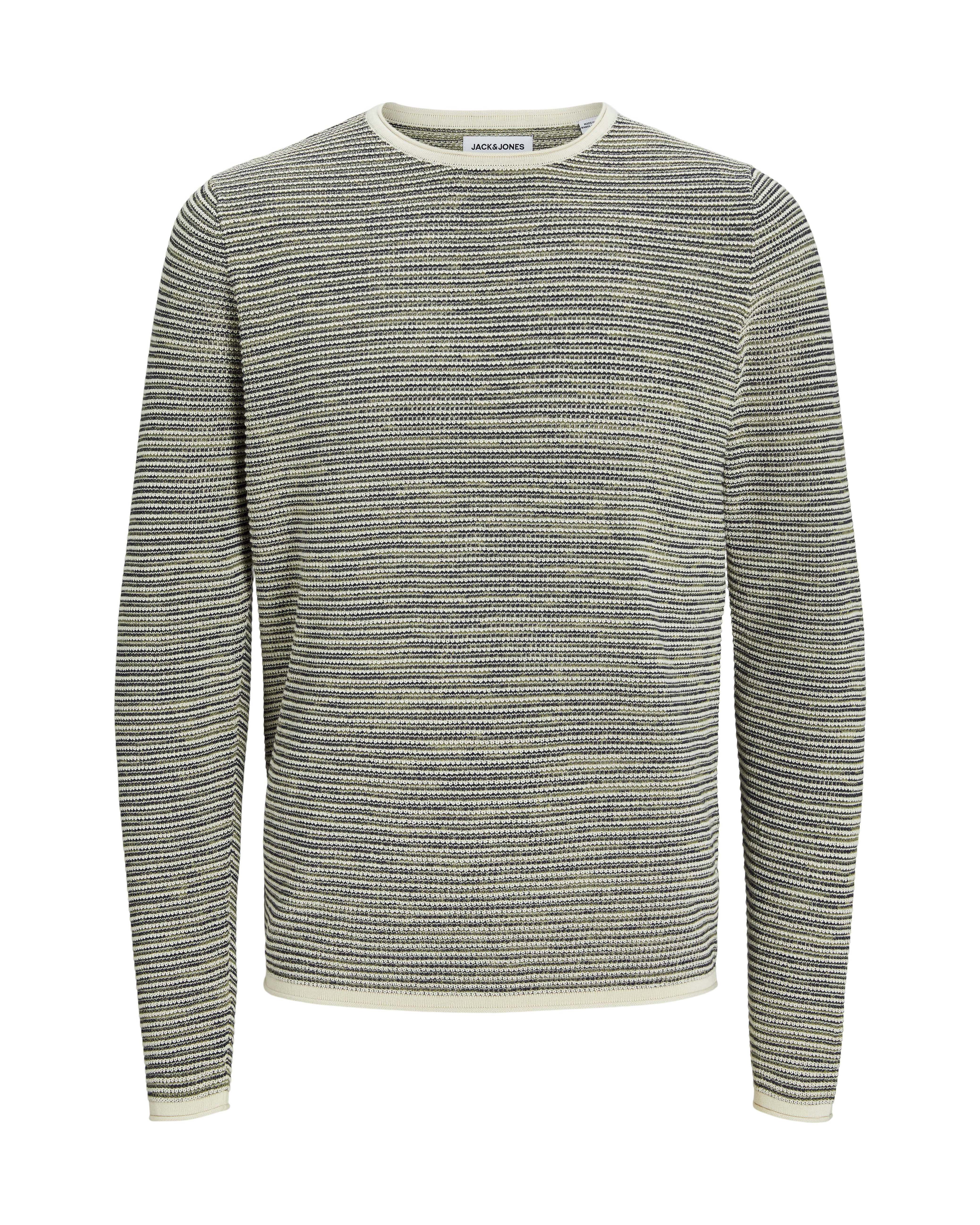 Maglia girocollo in puro cotone con lavorazione a righe salvia e blu