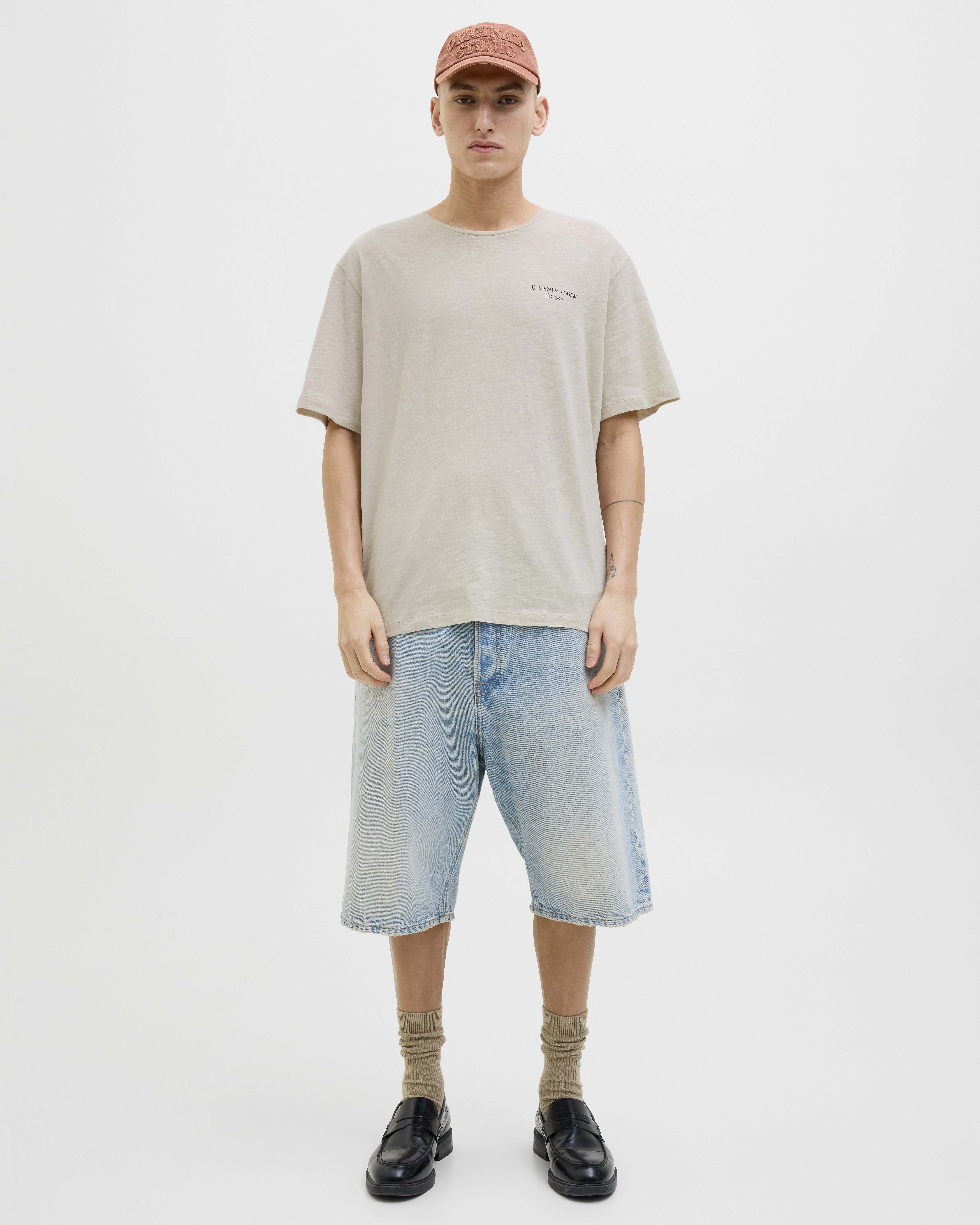 T-shirt mezza manica beige in jersey di puro cotone con scritta logo sul petto e maxi stampa sul retro