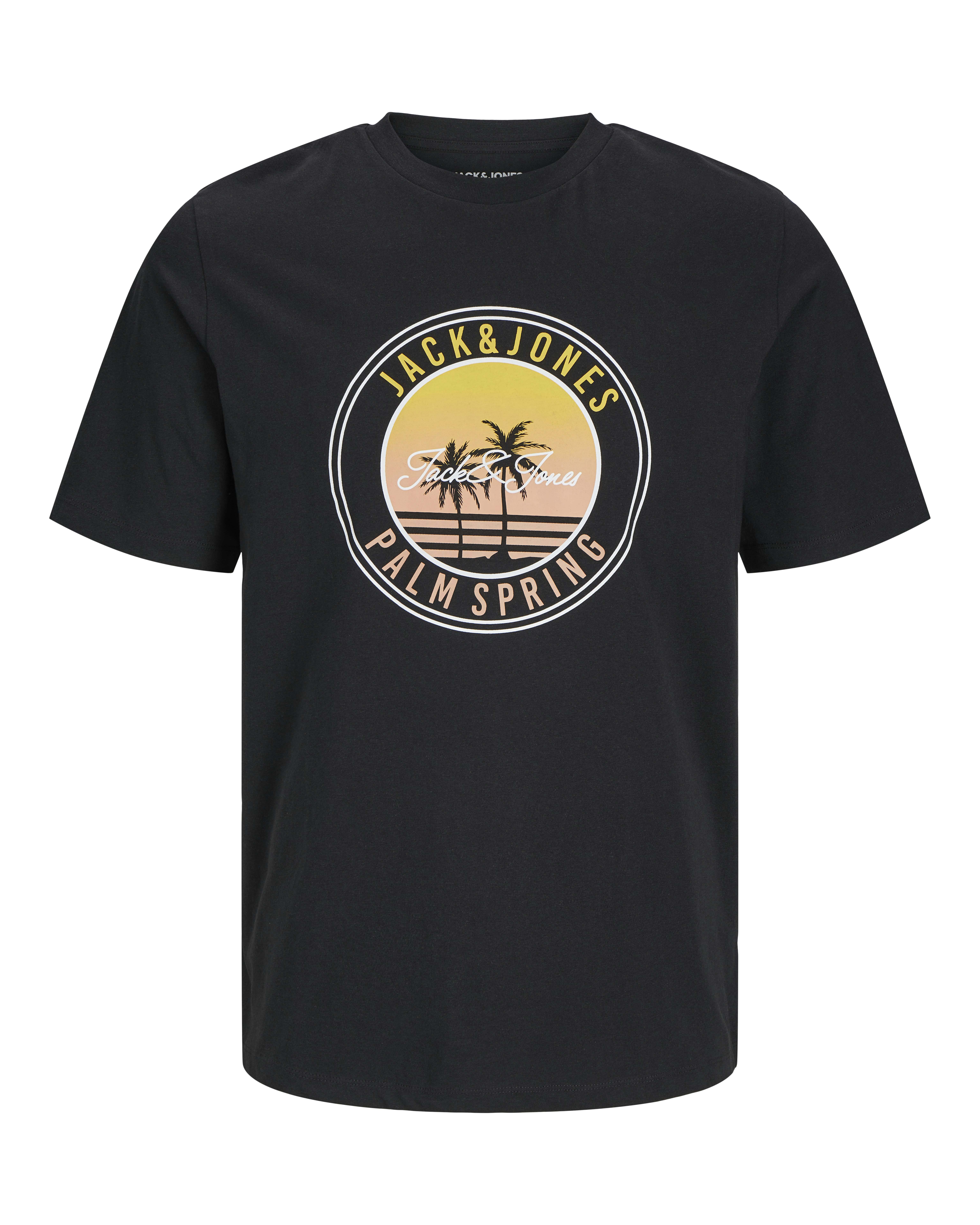 T-shirt mezza manica nera in jersey di puro cotone con stampa grafica logo e palme sul davanti