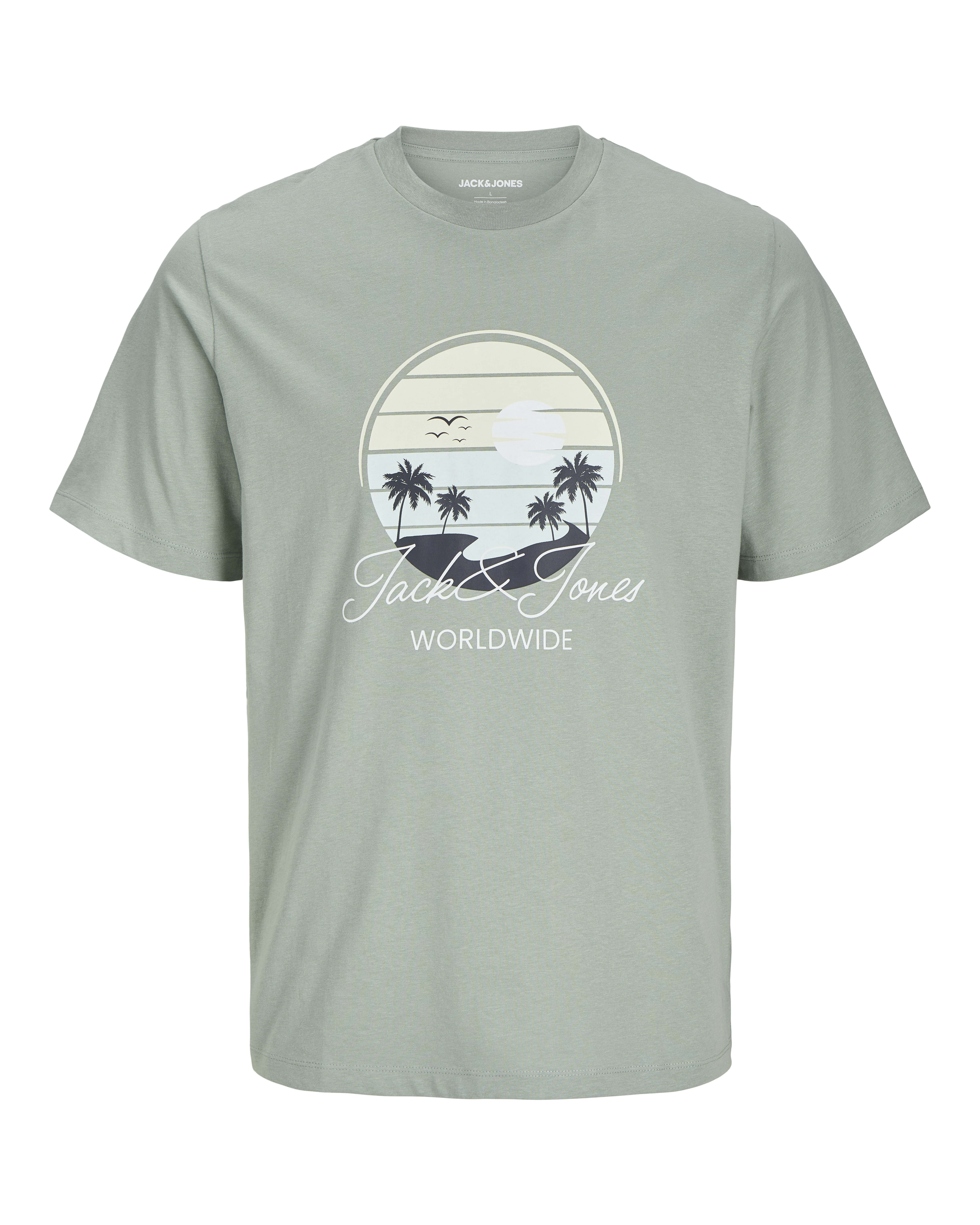 T-shirt mezza manica salvia in jersey di puro cotone con stampa grafica logo e palme sul davanti