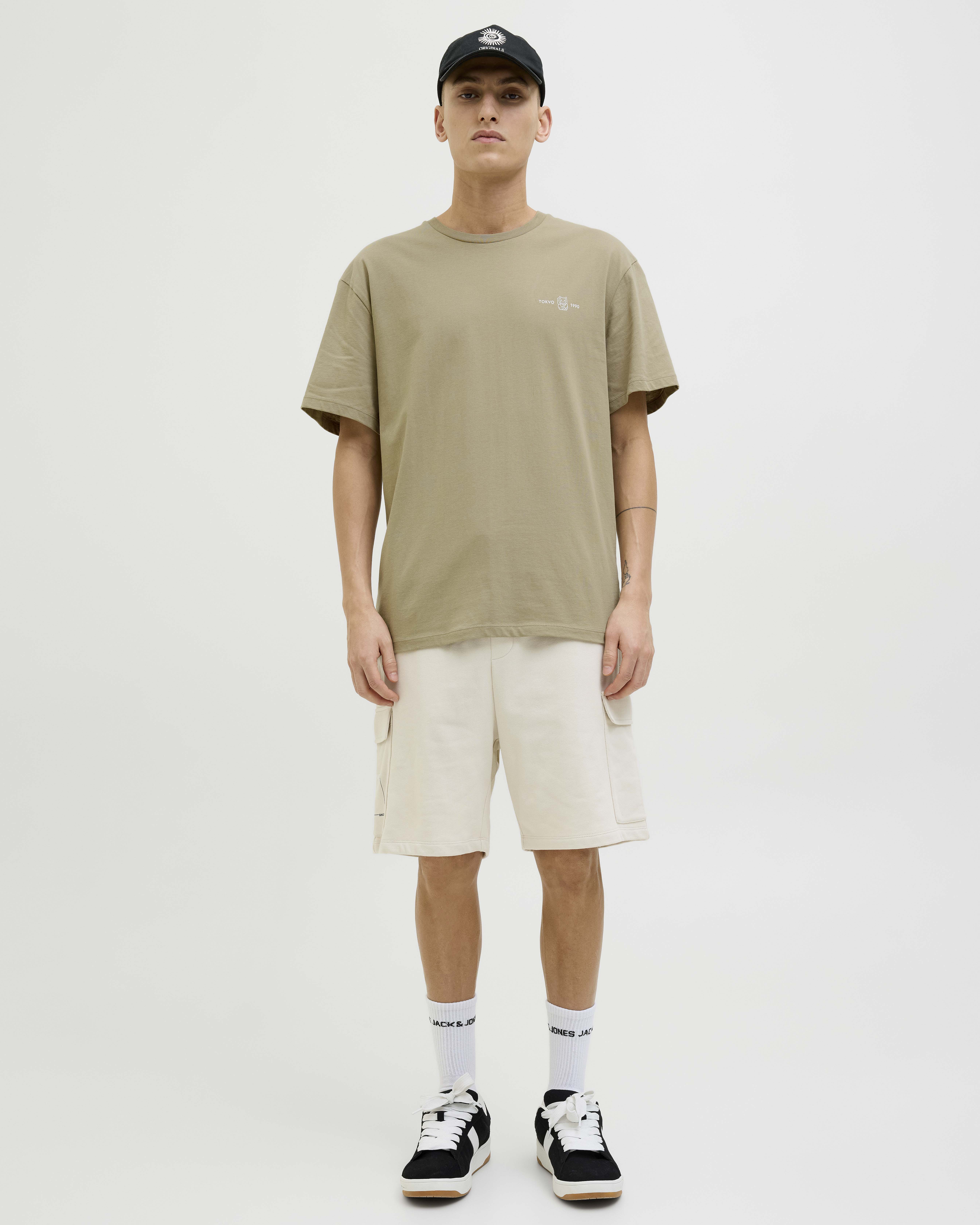 T-shirt mezza manica color fango in jersey con stampa d'ispirazione giapponese su petto e retro