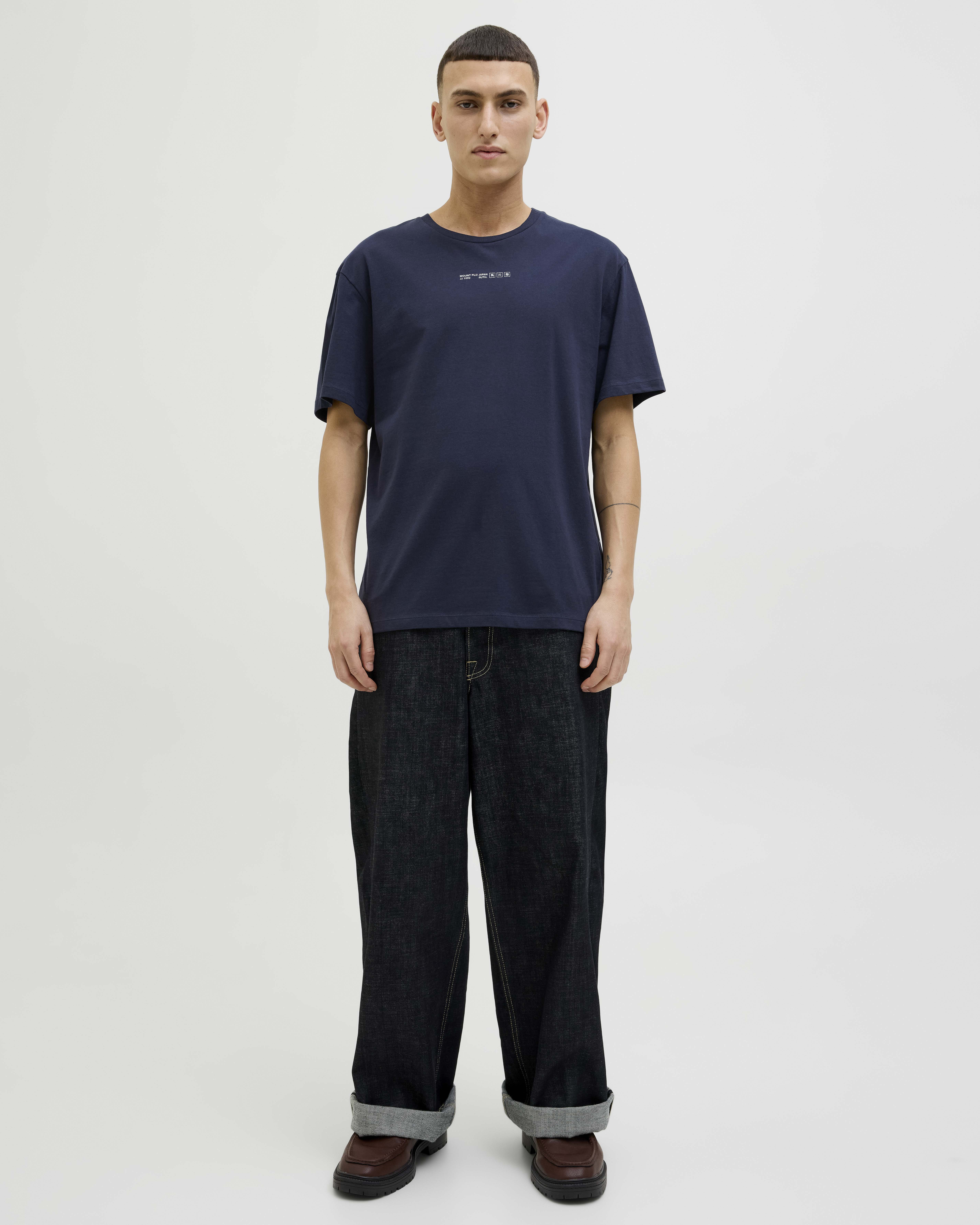 T-shirt mezza manica blu in jersey con stampa d'ispirazione giapponese su petto e retro