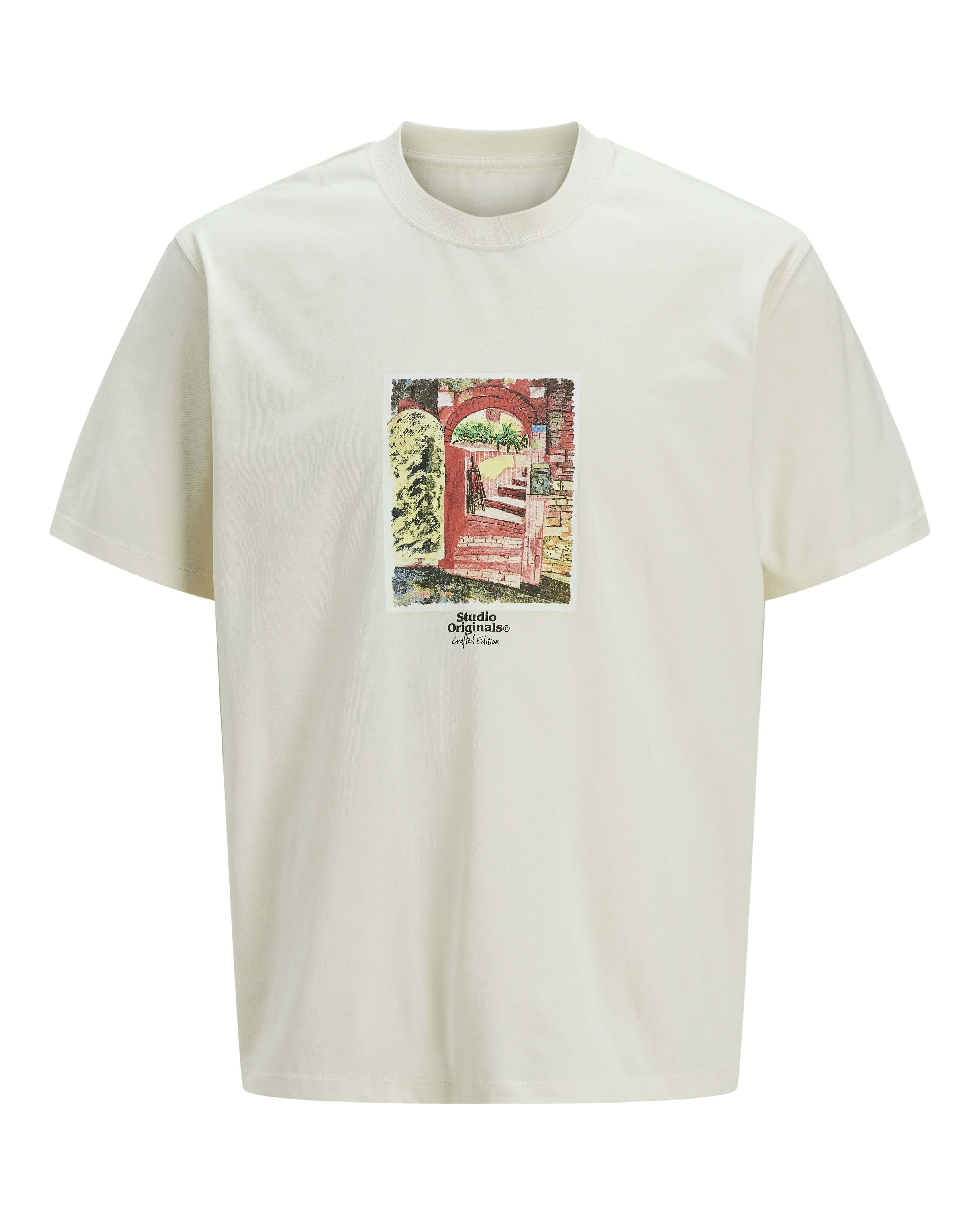 T-shirt avorio mezza manica in jersey puro cotone con grafica dipinto stampata sul davanti