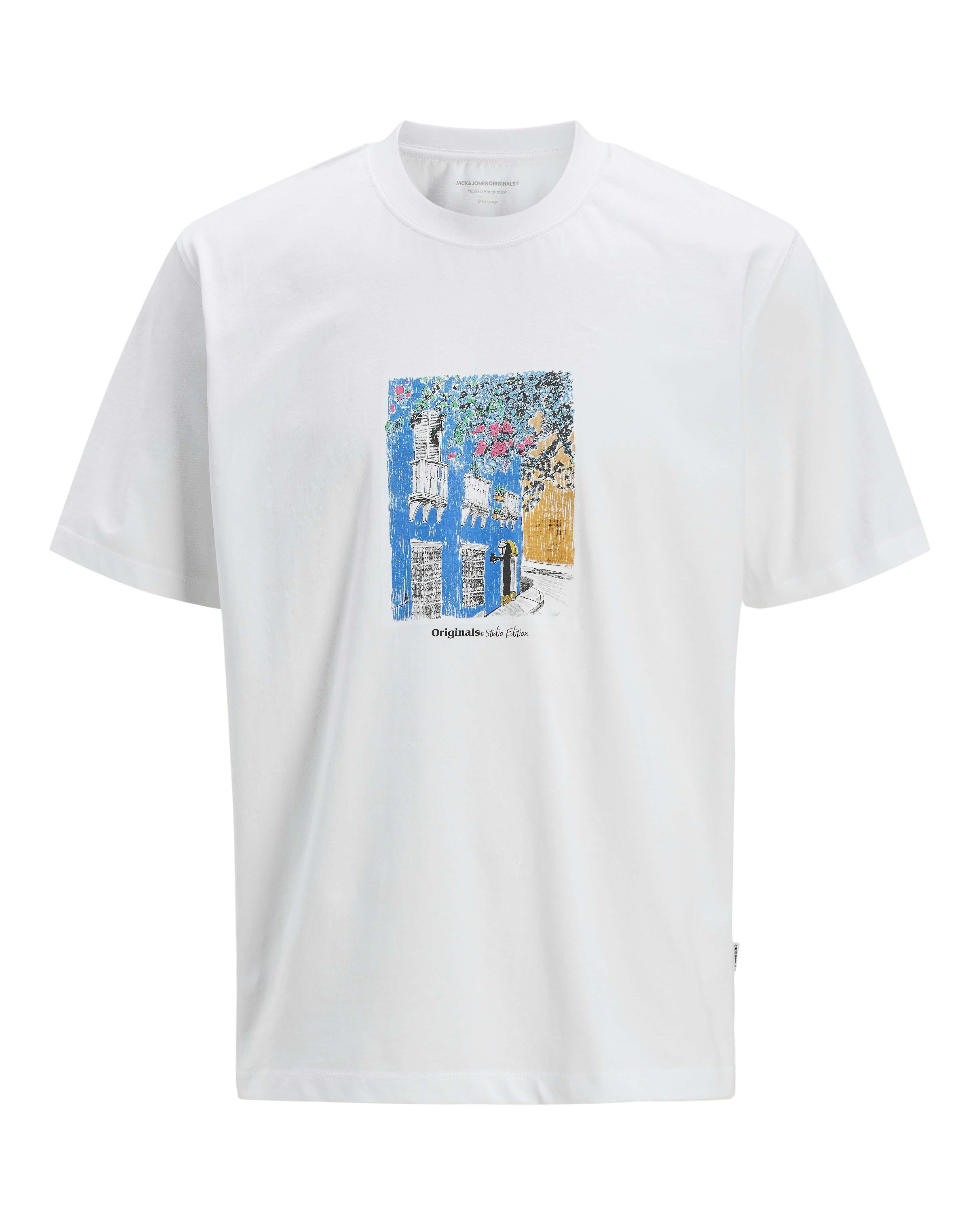 T-shirt bianca mezza manica in jersey puro cotone con grafica dipinto stampata sul davanti