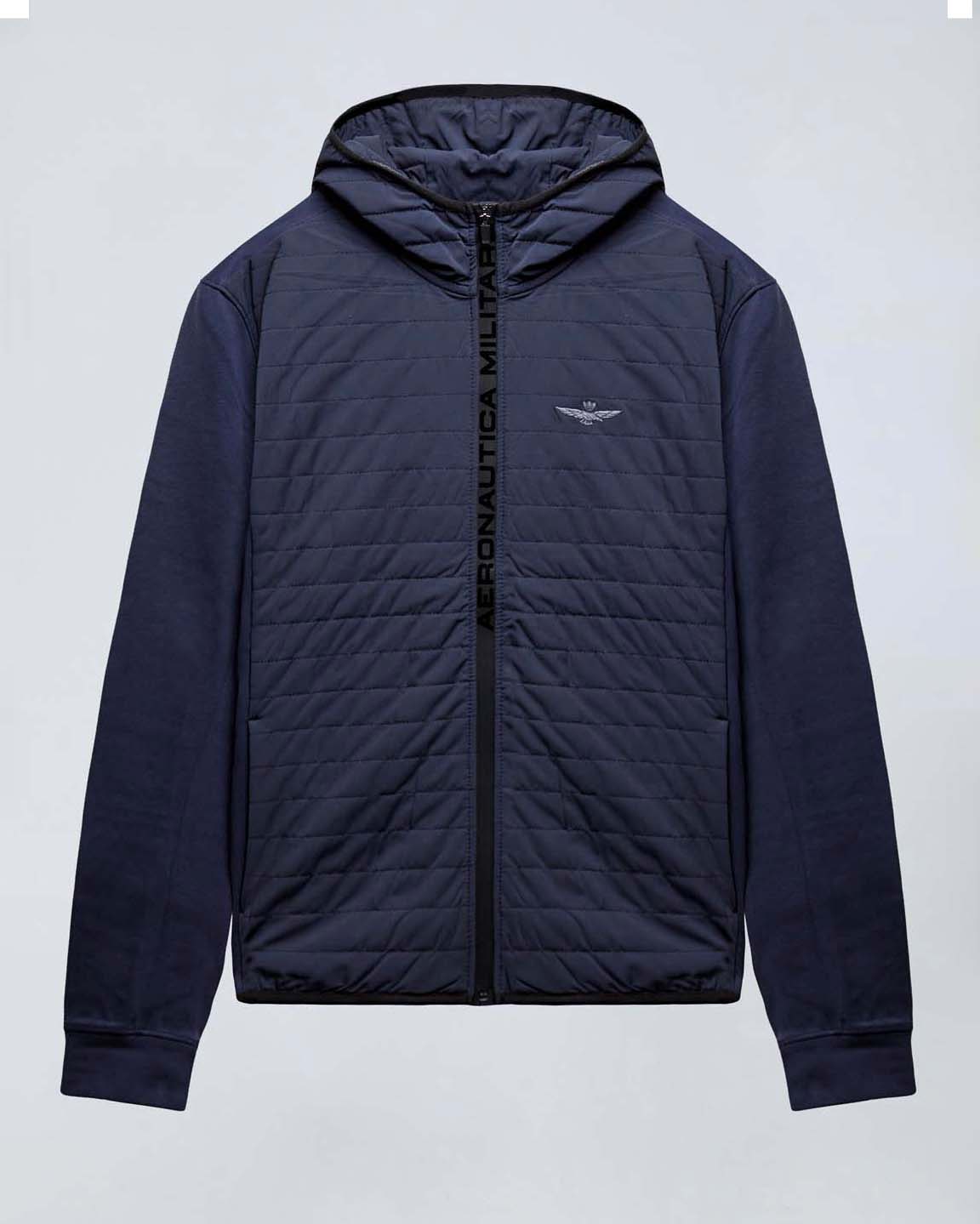 Giubbino blu in nylon trapuntato e interlock con cappuccio