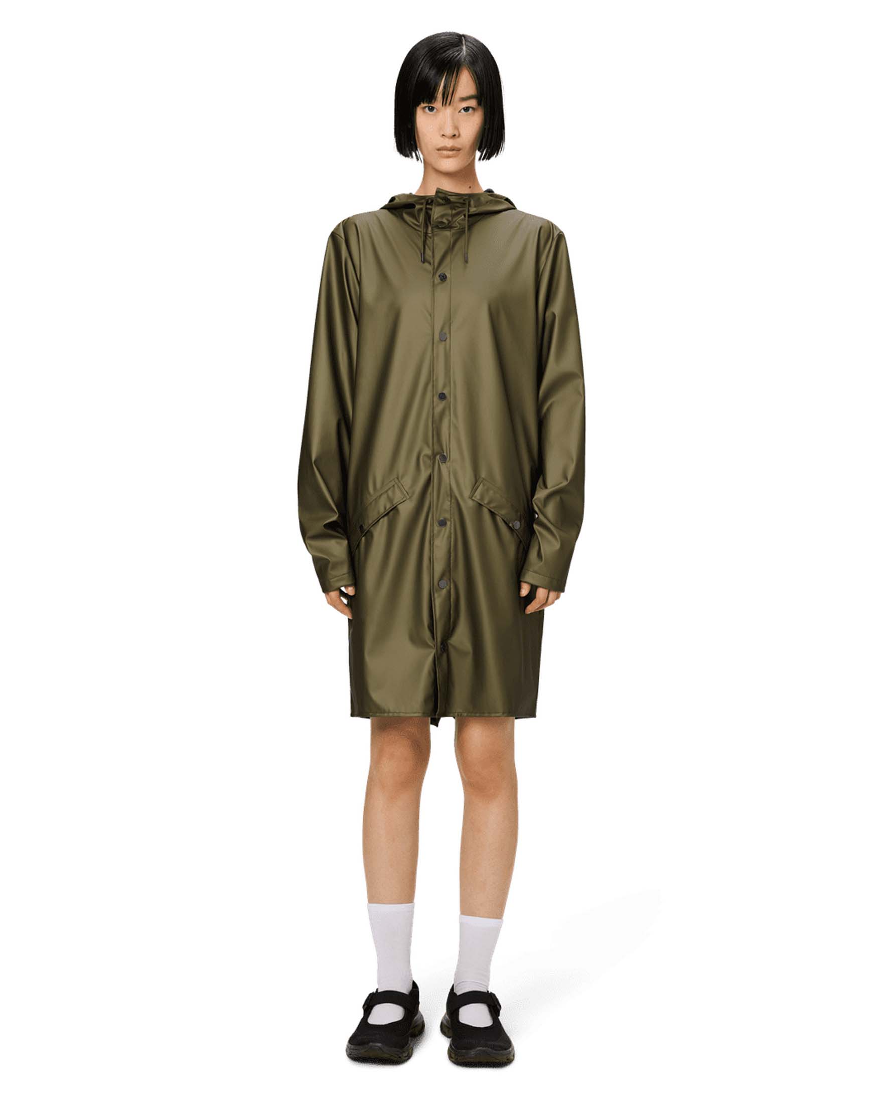 Rains — Impermeabile Long Jacket Rains verde militare metallizzato con cappuccio dalla finitura metallica