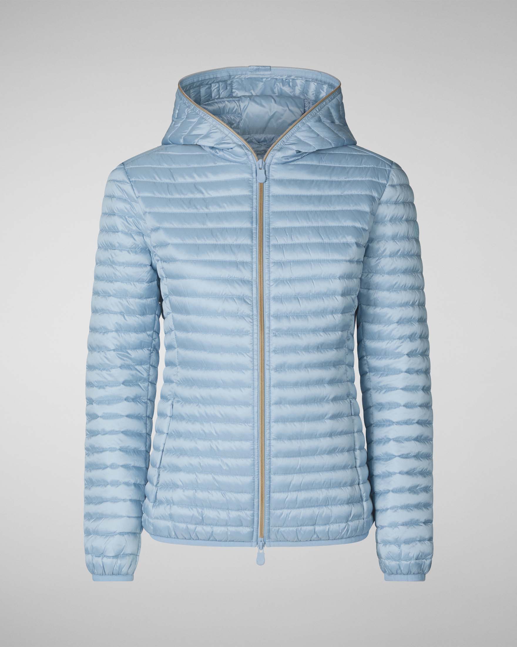Piumino leggero azzurro in tessuto effetto raso con cappuccio fisso