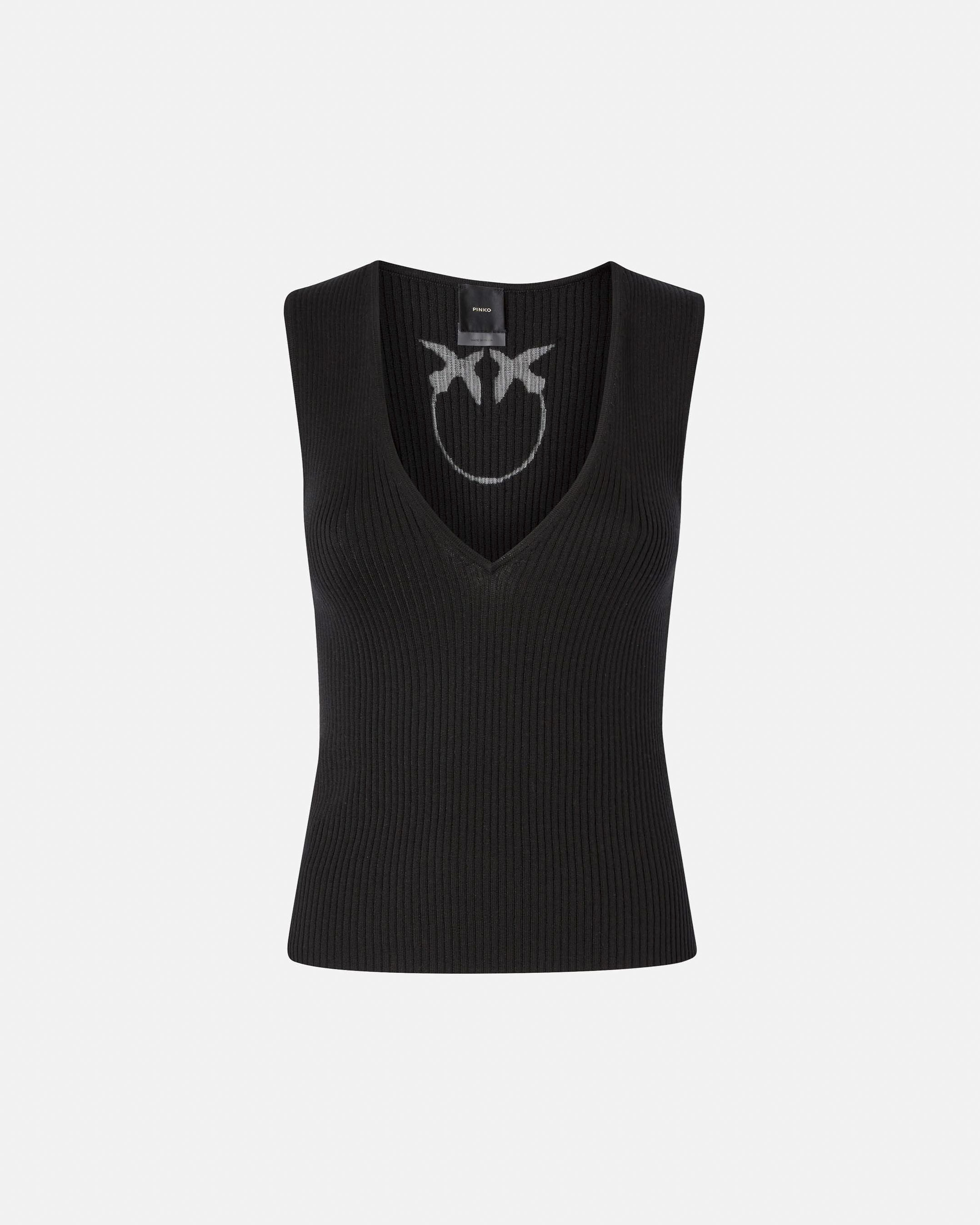 Gilet nero in maglia con scollo a V profondo con intarsio logo Love Birds dietro in trasparenza