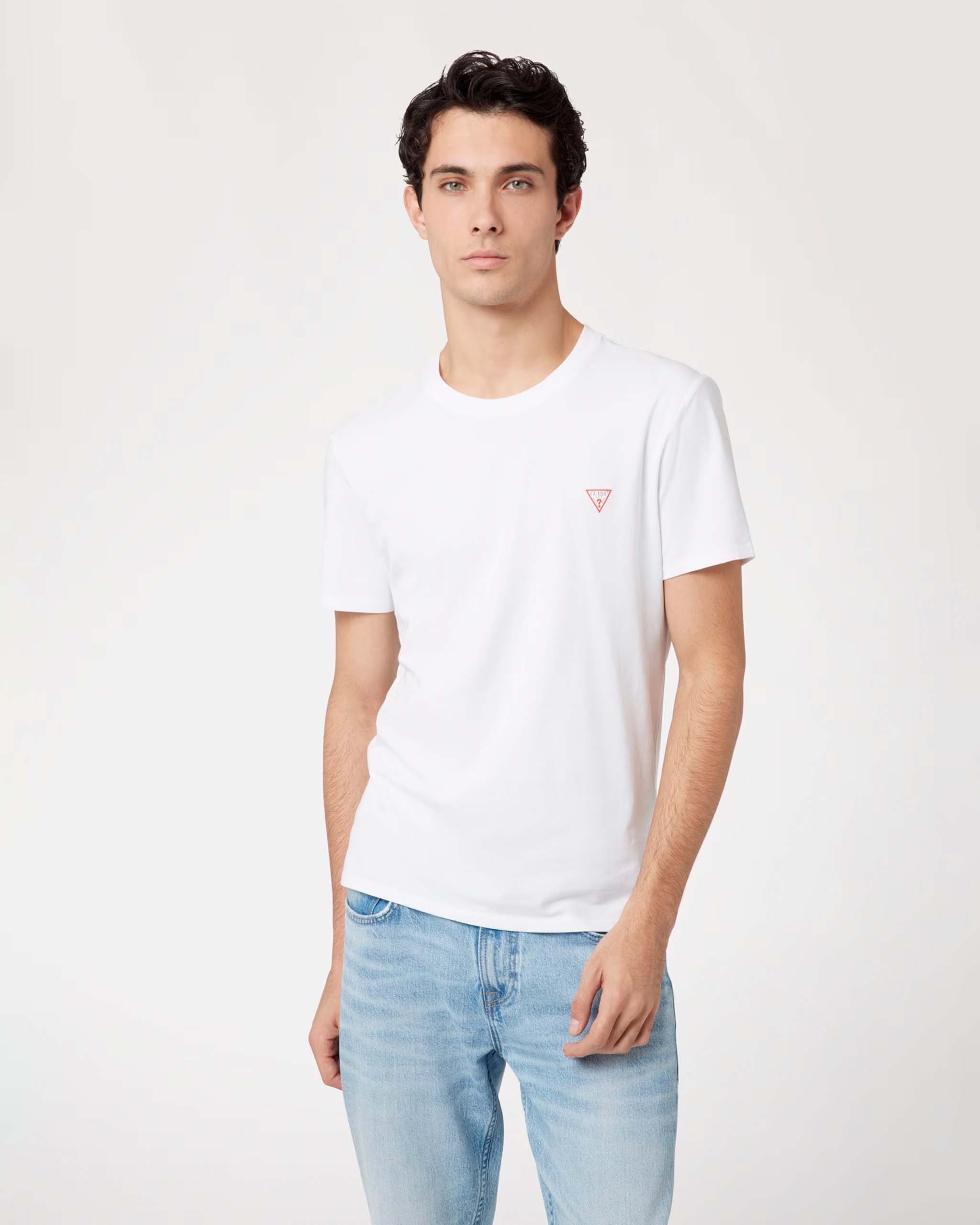 T-shirt mezza manica bianca in cotone stretch con stampa logo al petto