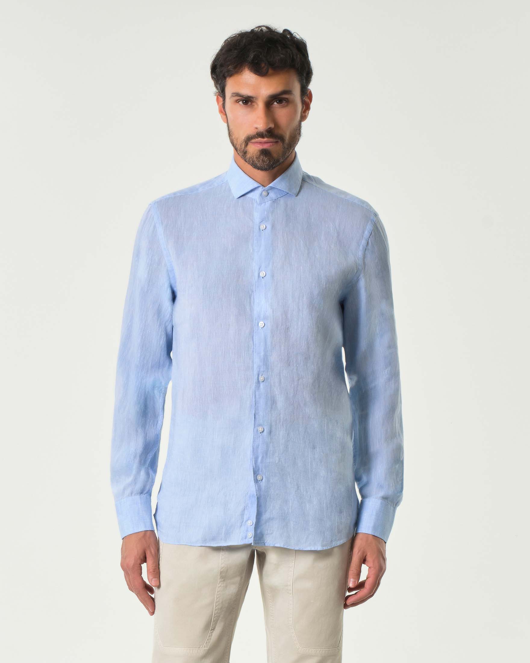 Camicia azzurra in puro lino tinto filo
