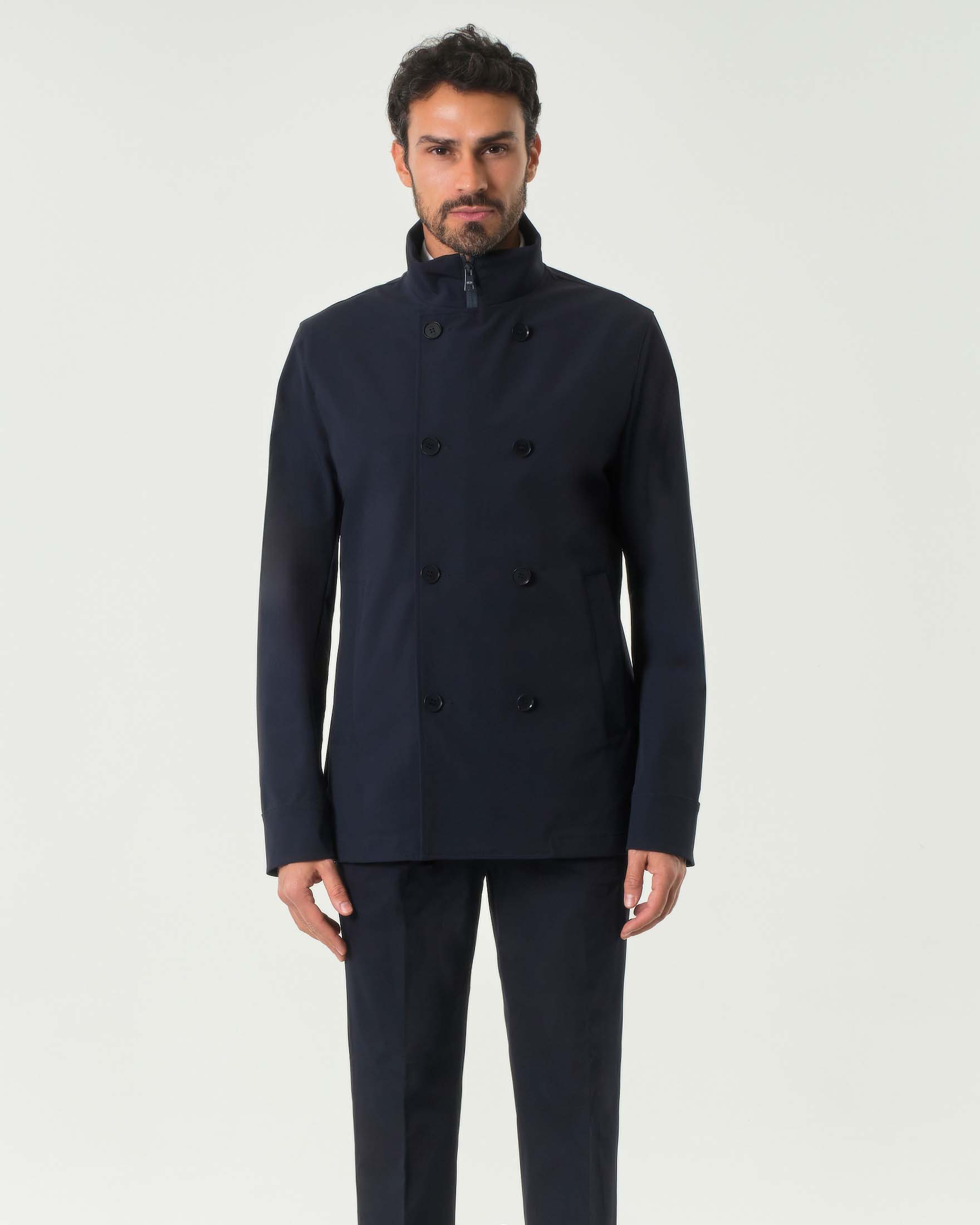 Giacca doppiopetto blu in tessuto tecnico stretch
