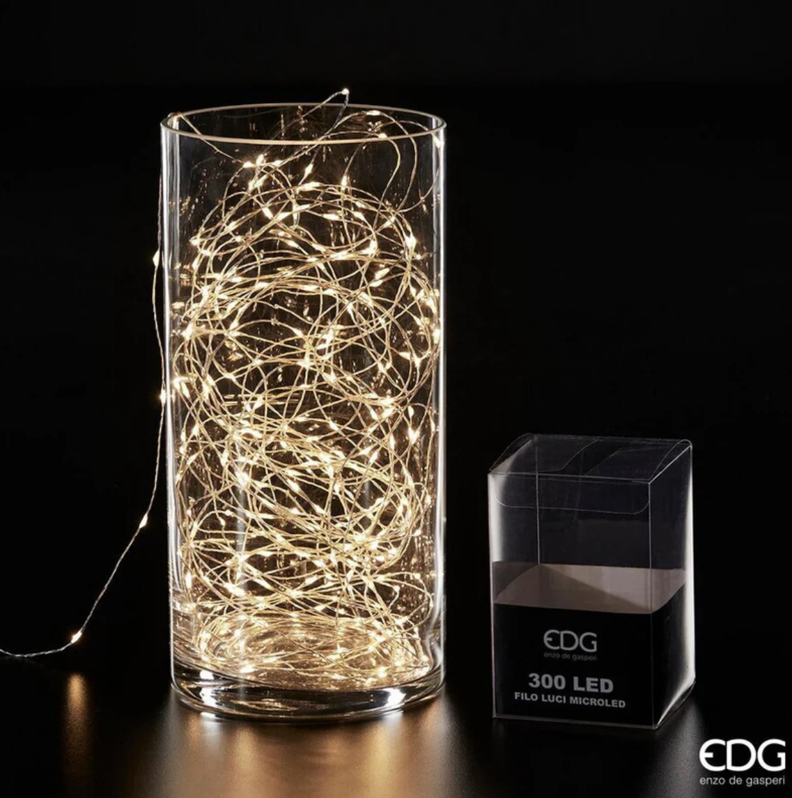 Luci Filo Microled 300 Microled  22,5 mt.+3 mt. Luce Calda Fissa Cavo Argento IP44 Edg