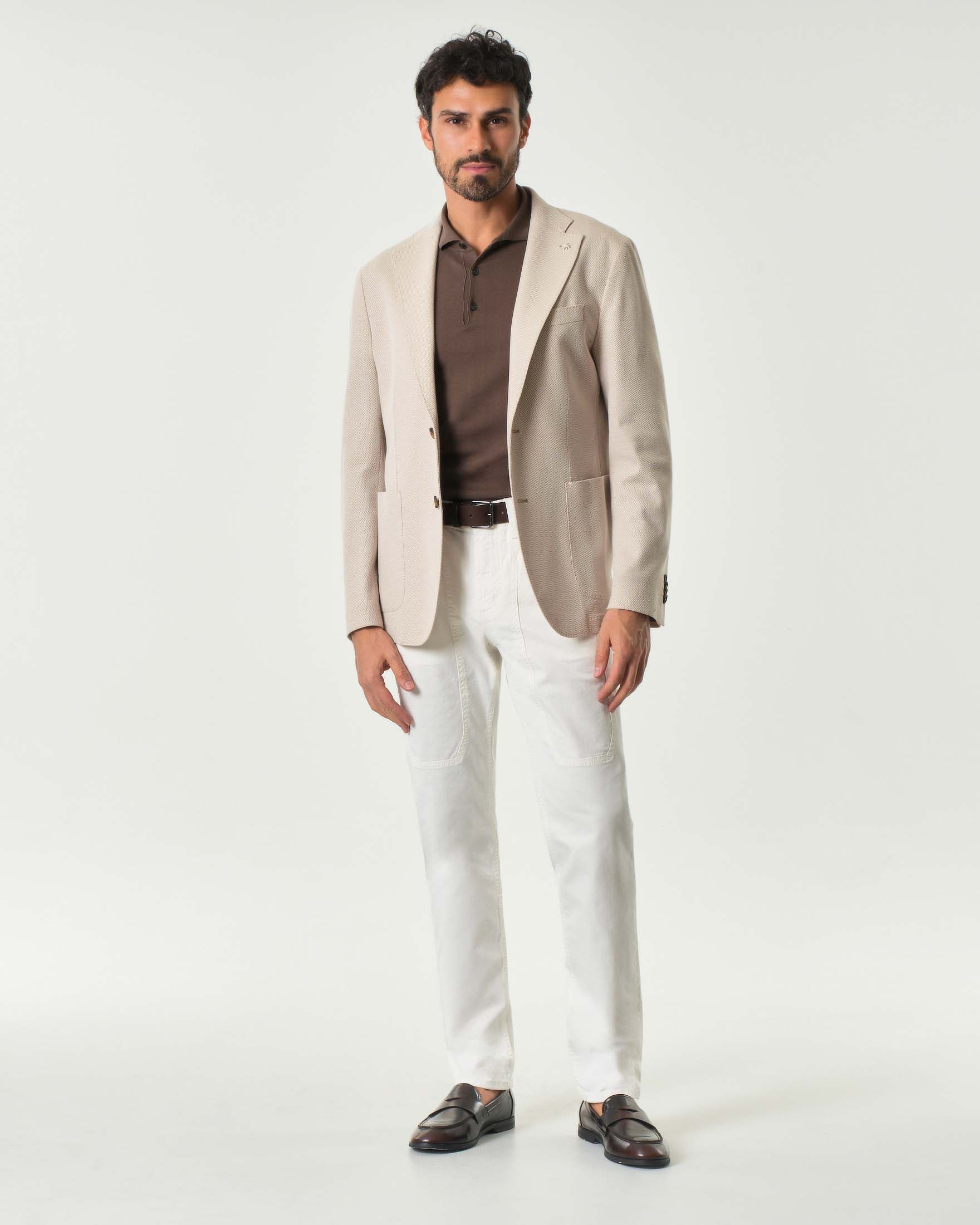 Pantalone avorio cinque tasche modello PA077 in gabardina di cotone stretch con toppa
