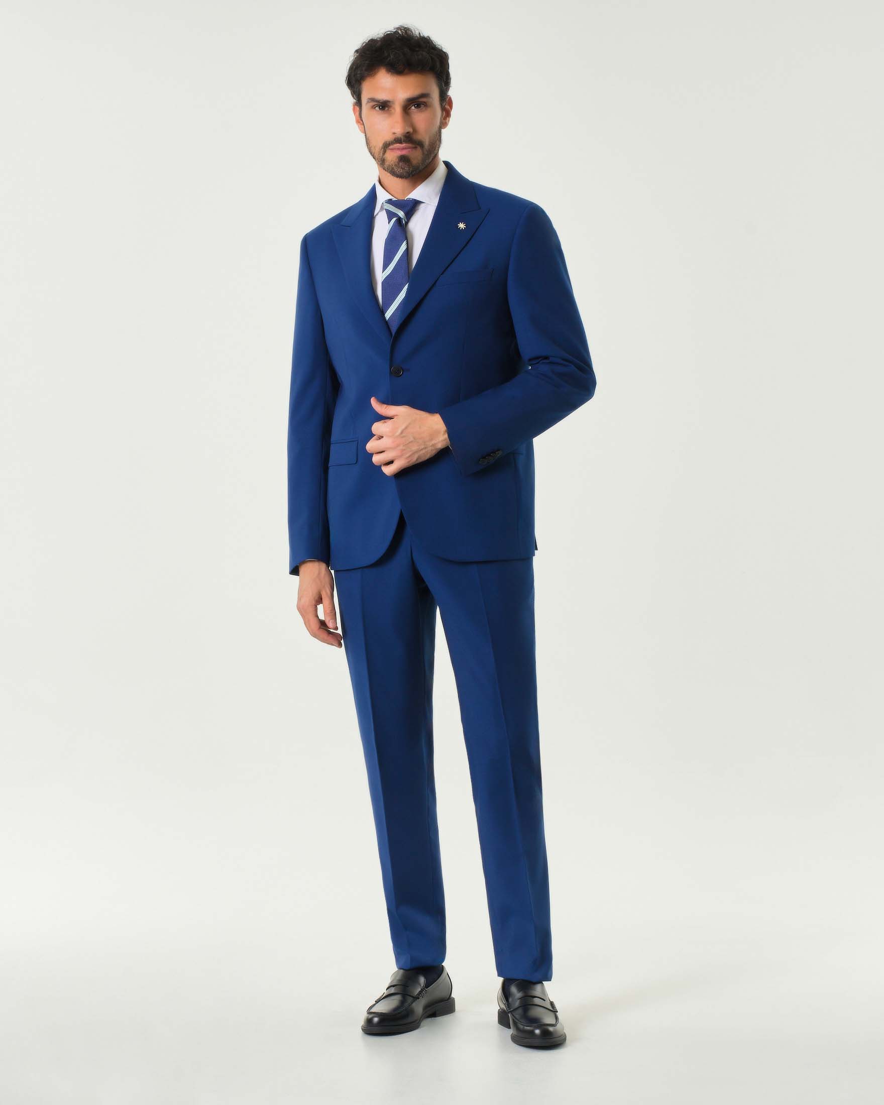 Abito blu royal in tela di viscosa stretch con rever a lancia