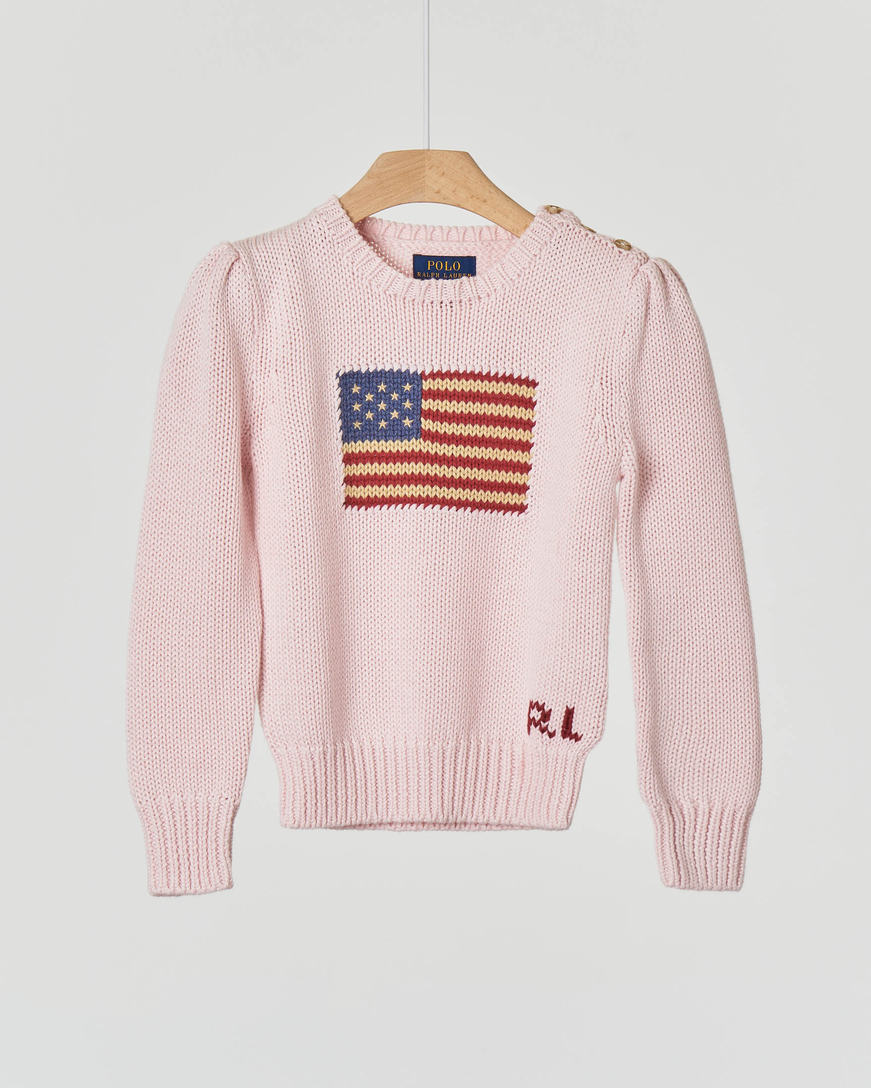 Maglia rosa girocollo in cotone con bandiera USA