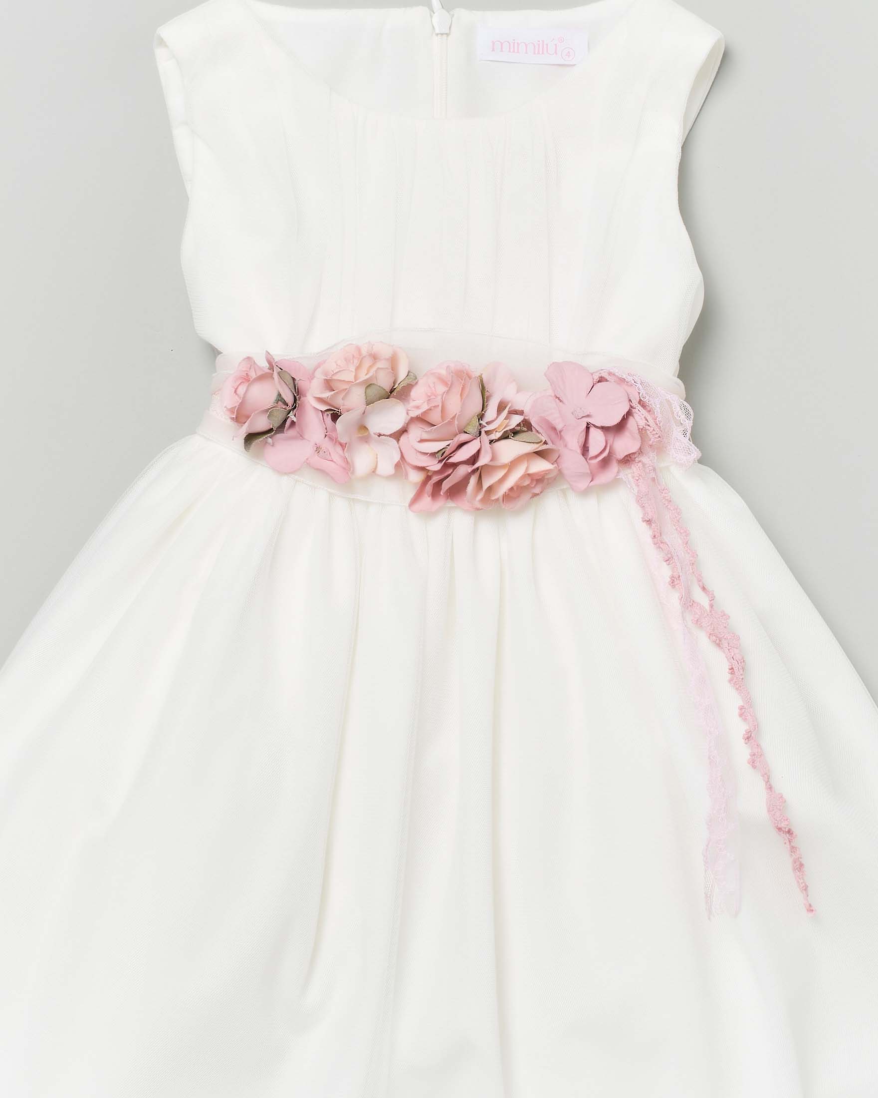 Abito avorio in tulle con gonna ampia fascia a fiori e maxi fiocco