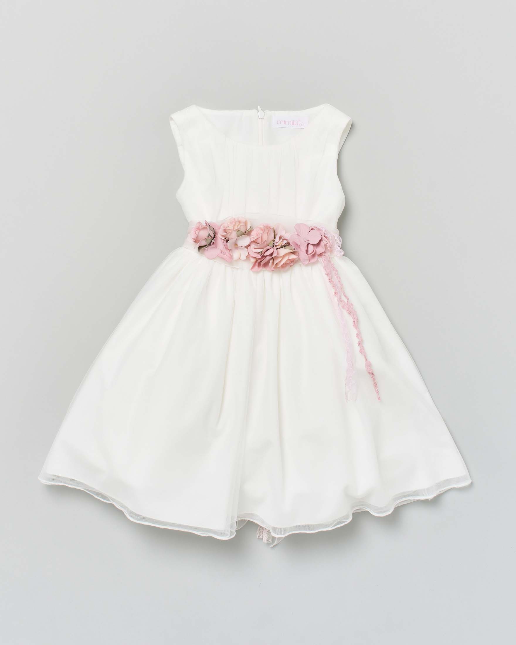 Abito avorio in tulle con gonna ampia fascia a fiori e maxi fiocco