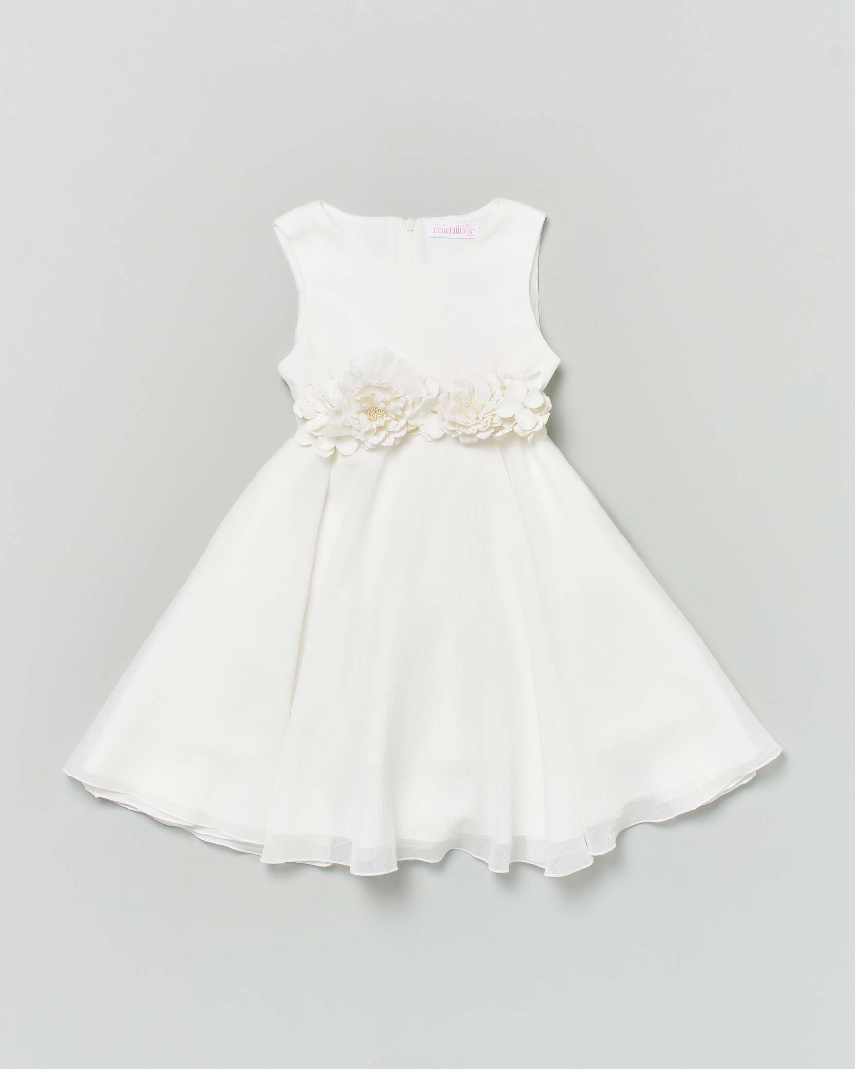 Abito avorio in tulle con gonna ampia fascia a fiori e maxi fiocco