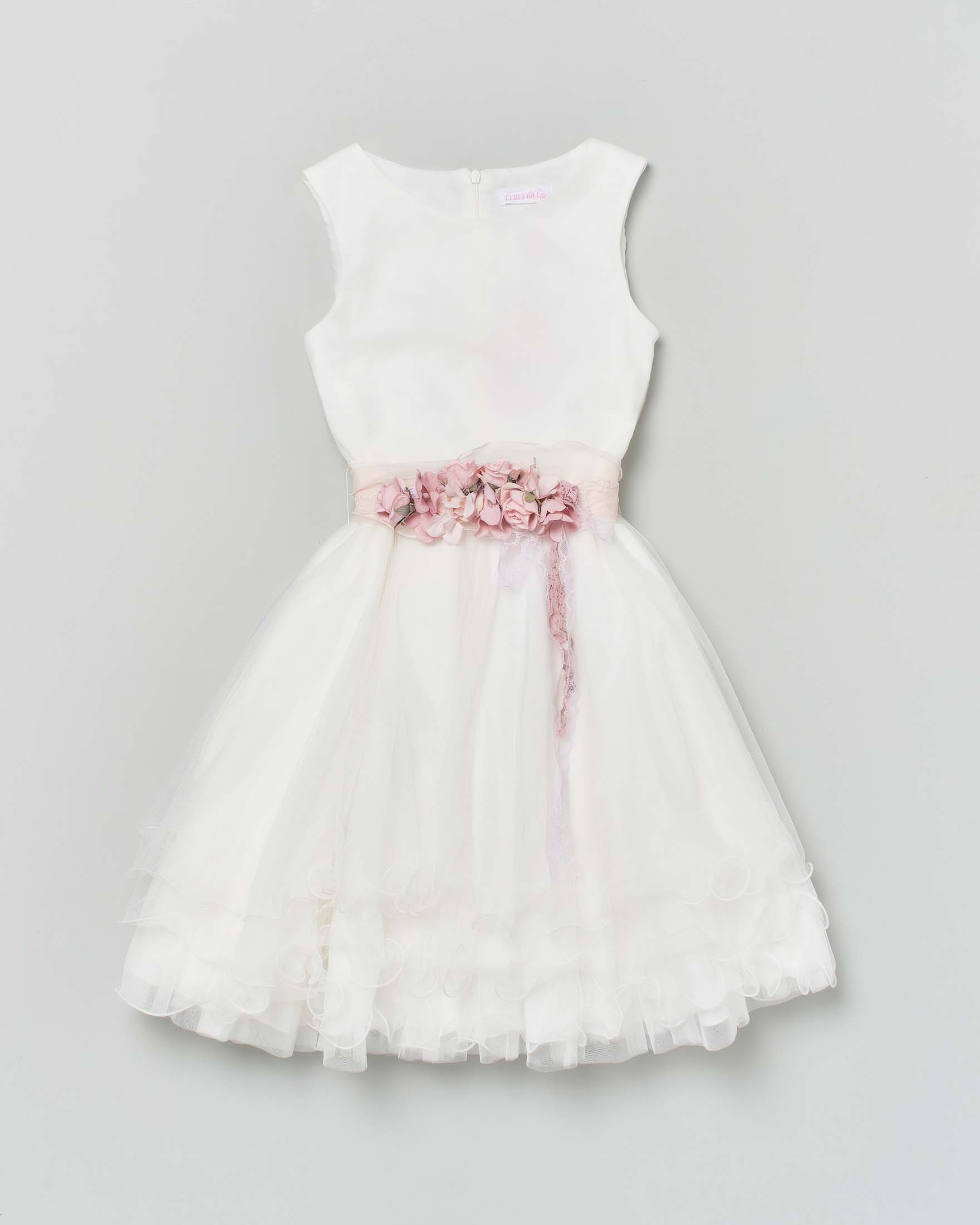 Abito avorio in tulle con gonna ampia fascia a fiori e maxi fiocco