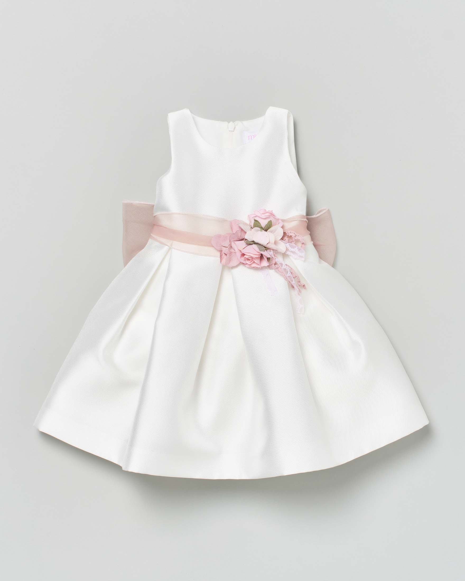 Abito avorio mikado con fascia fiori e e maxi fiocco rosa