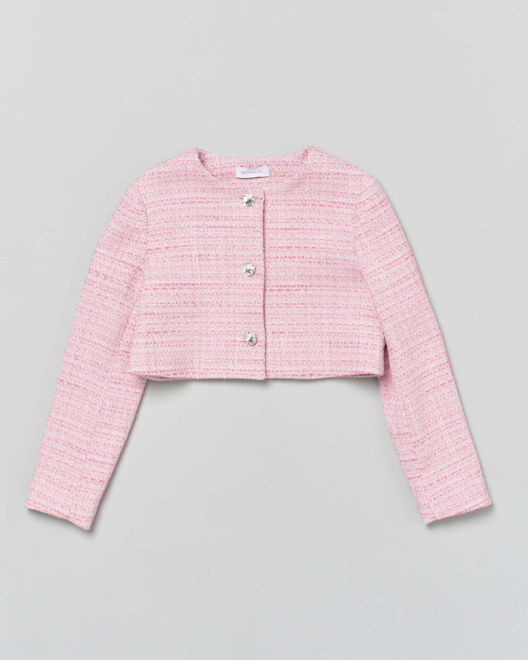 Giacca bolero in tessuto boucle rosa con pietre