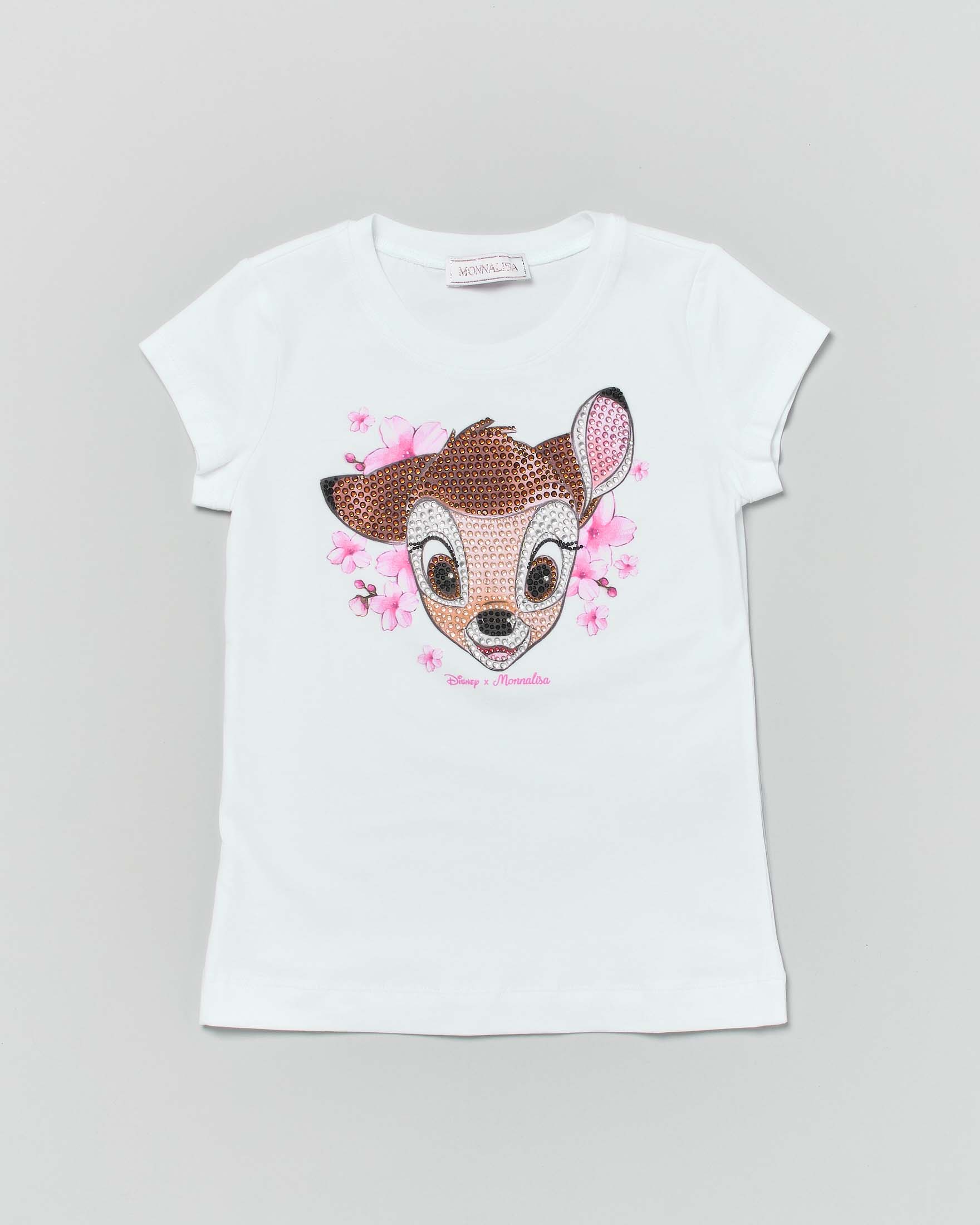 T-shirt bianca Monnalisa con stampa Bambi e strass