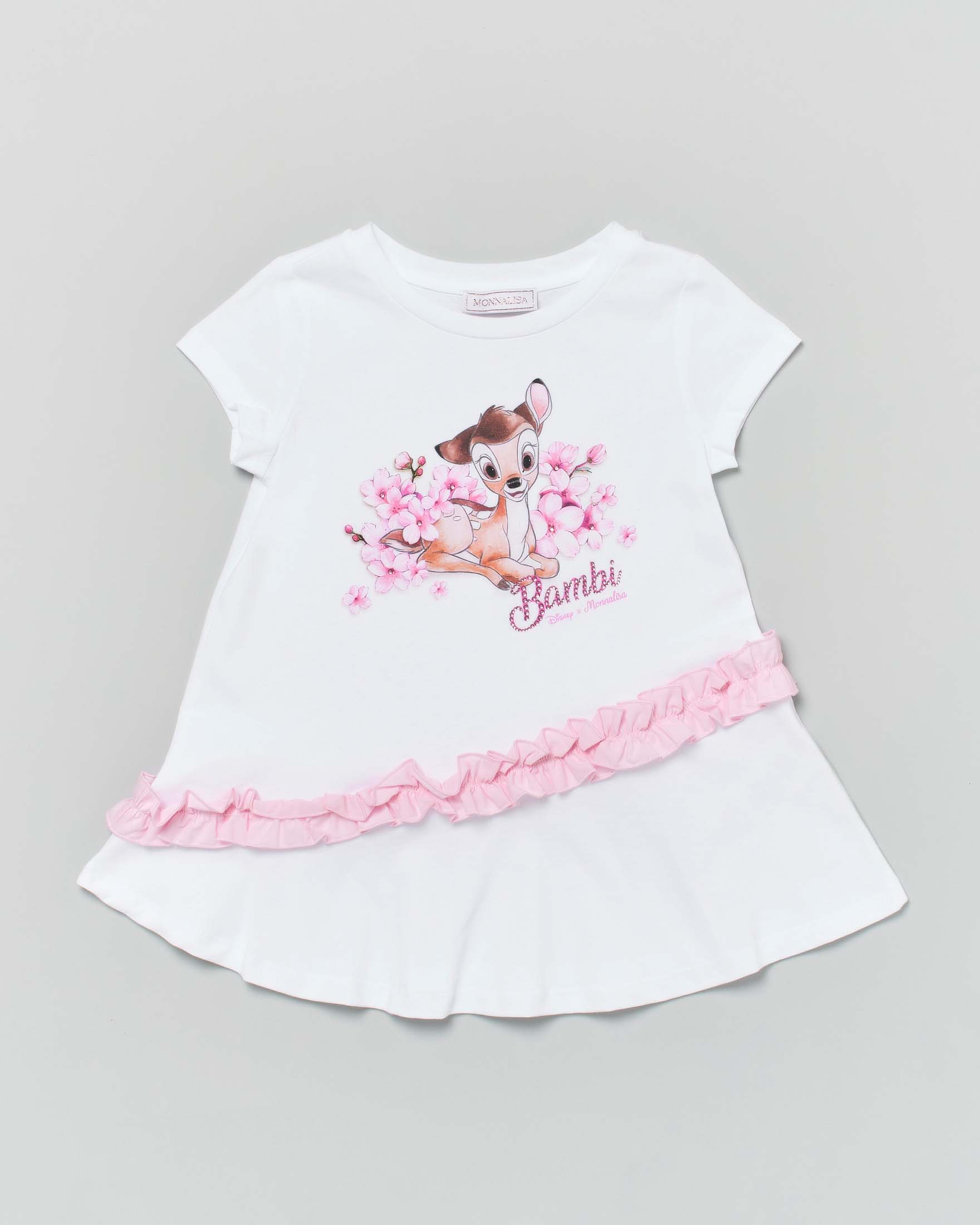 Maxi t-shirt bianca con stampa Bambi e rouches