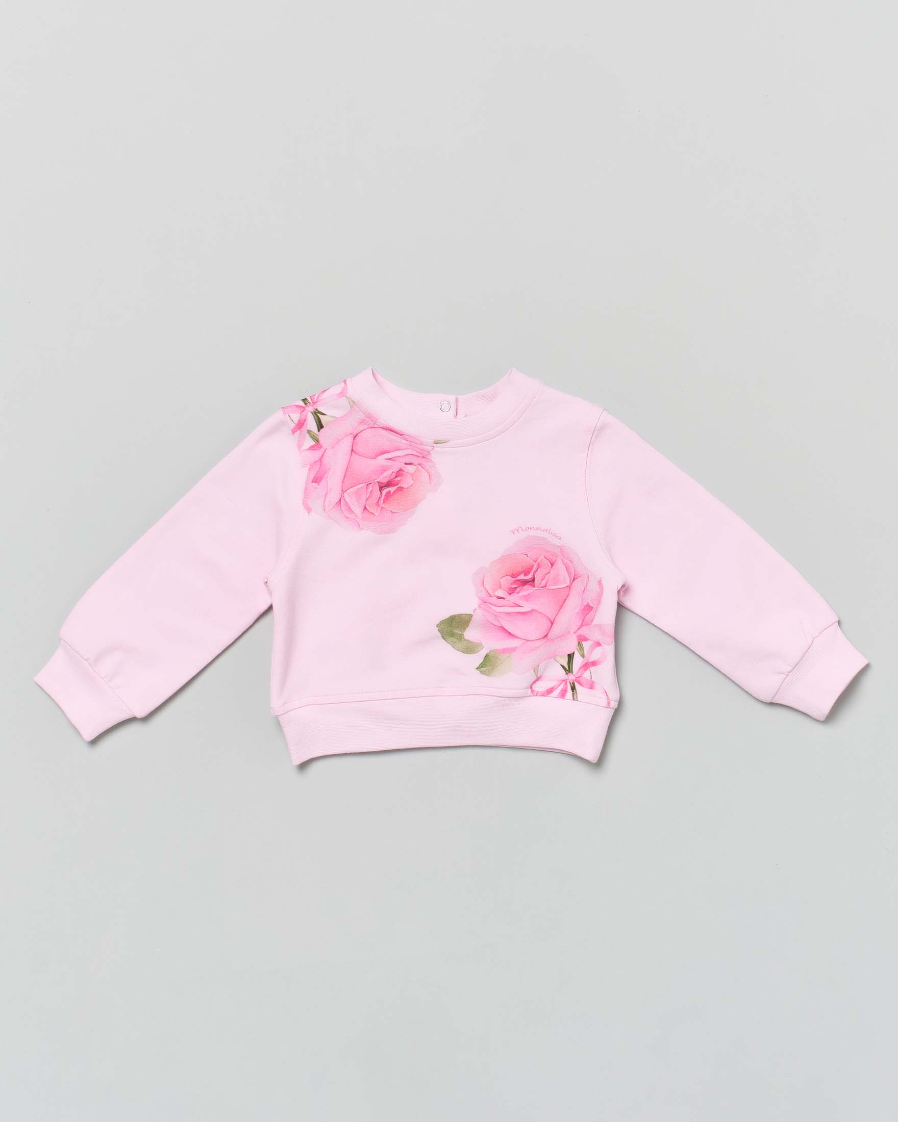 Felpa girocollo rosa Monnalisa in cotone stretch con rose