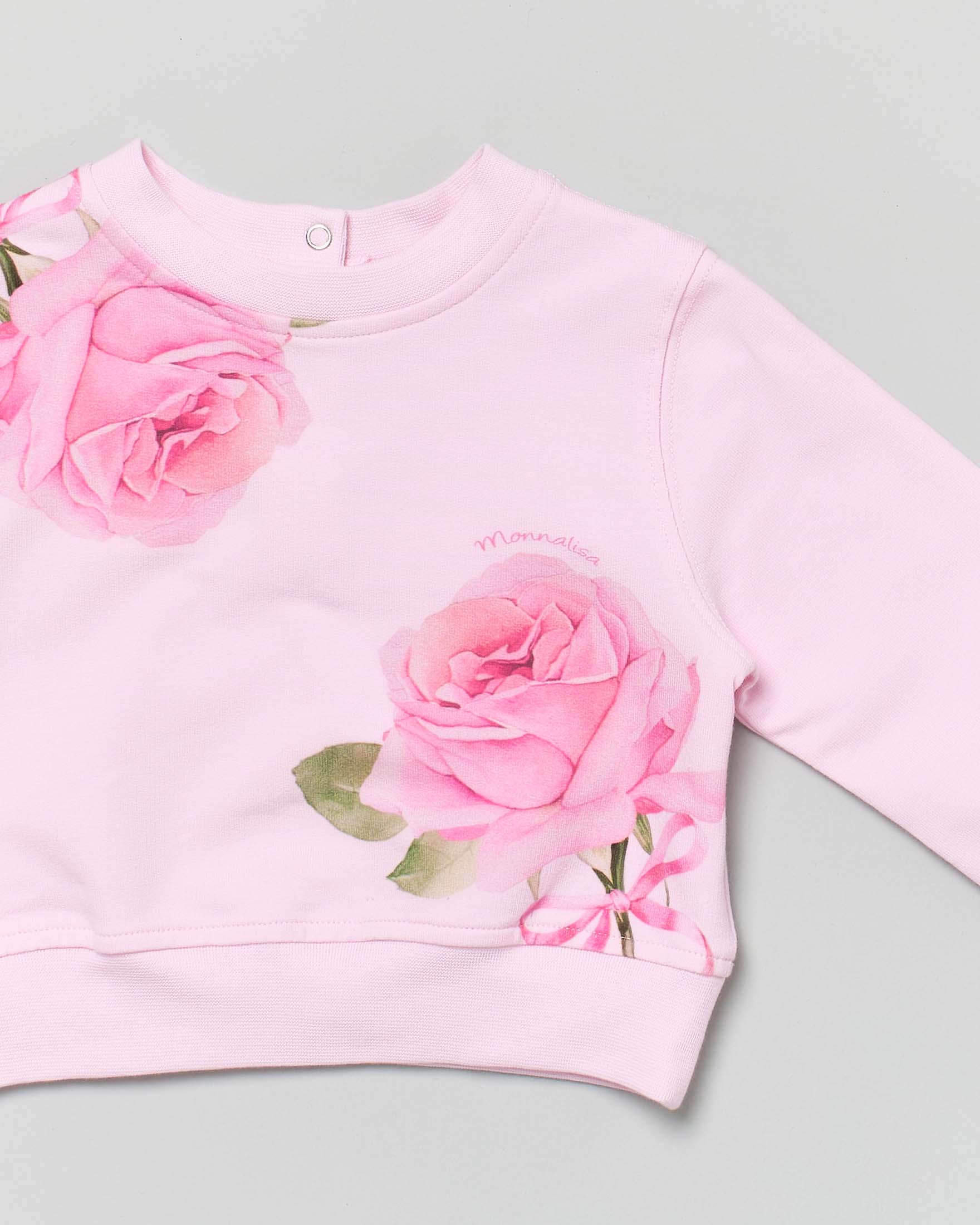 Felpa girocollo rosa Monnalisa in cotone stretch con rose image