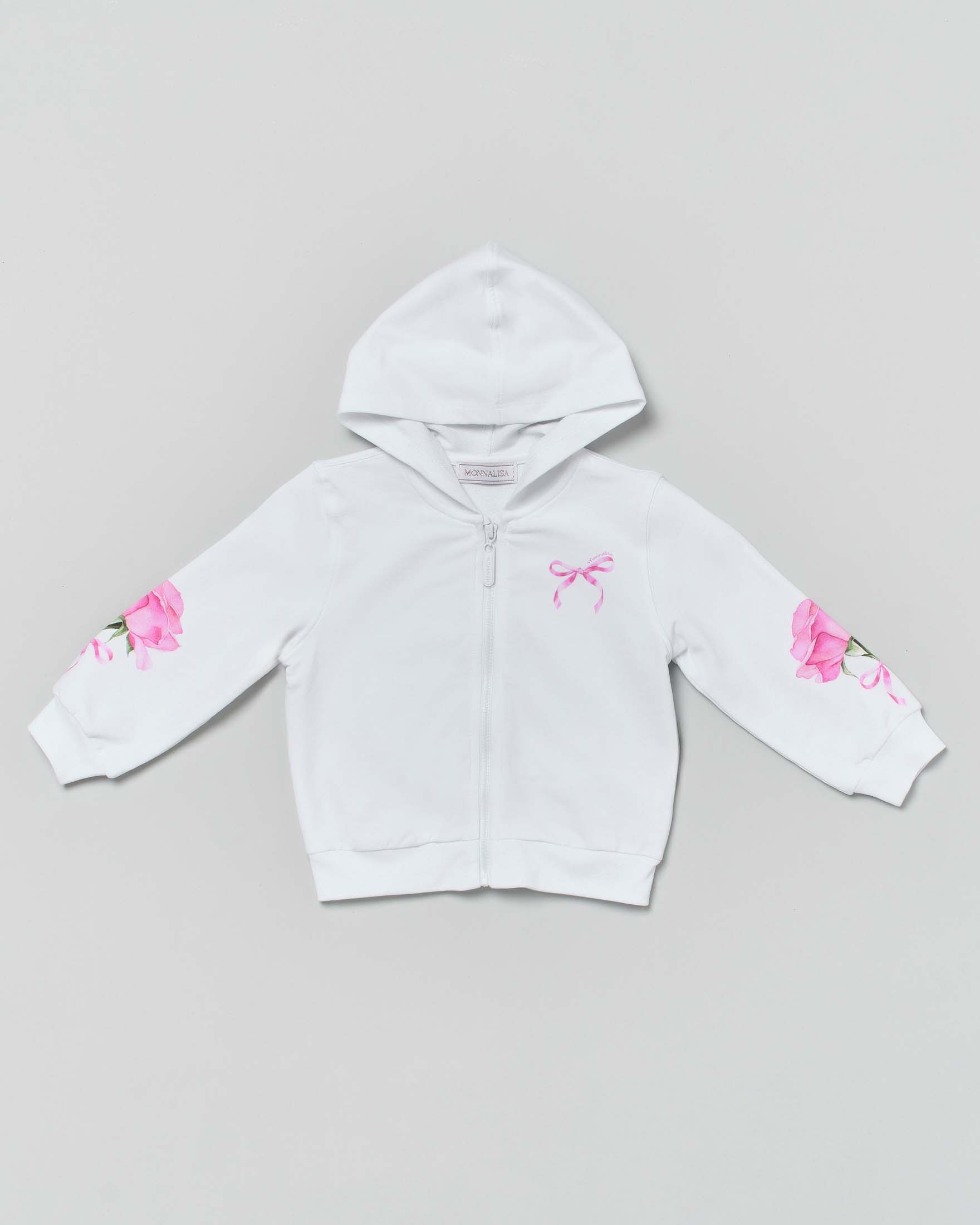Felpa bianca Monnalisa con cappuccio e stampa rose