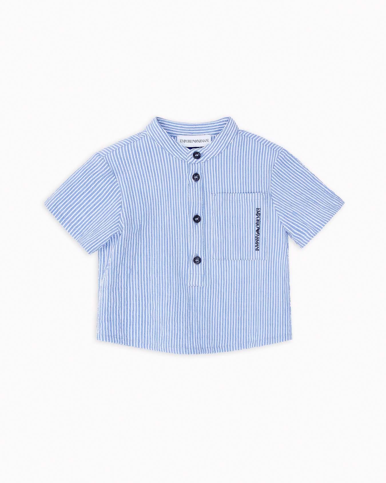 Camicia coreana mezza manica Junior a righe azzurre e bianche