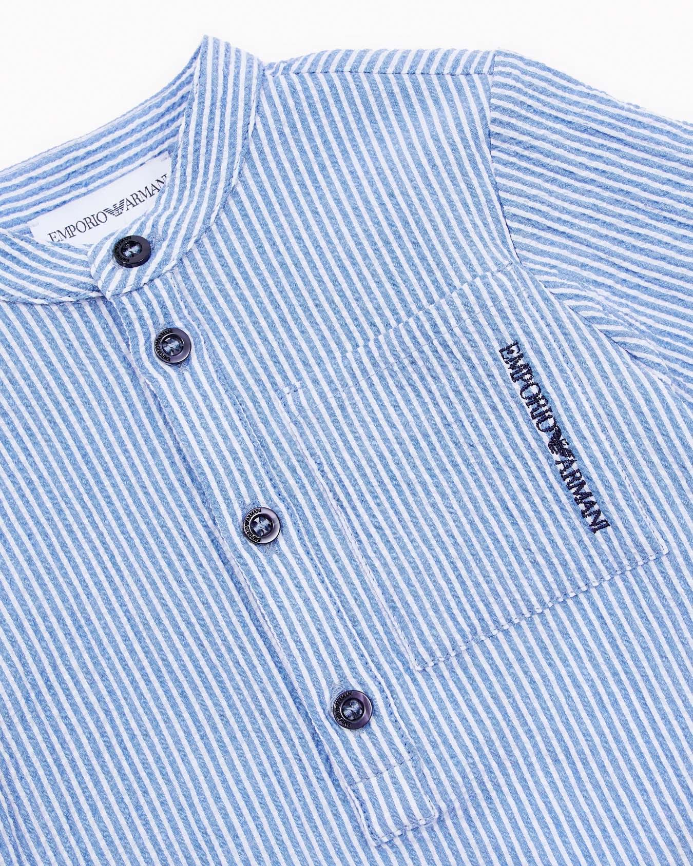 Camicia coreana mezza manica Emporio Armani Junior a righe azzurre e bianche image